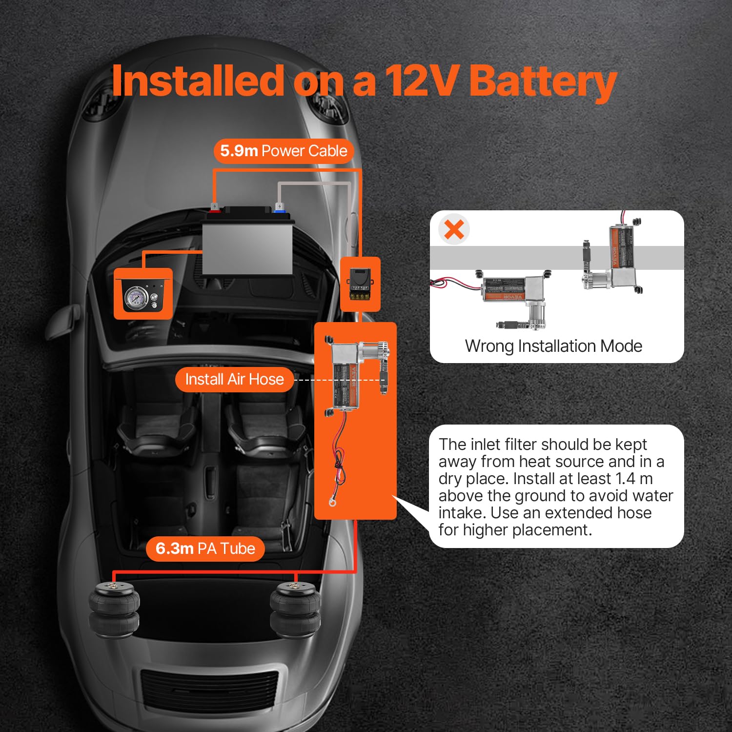 VEVOR Air Shock Controller Kit, 12V 100PSI On Board Air Compressor System, Air Ride Suspension Compressor Kit with Single Path S
