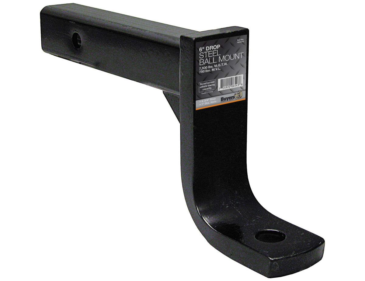 Buyers Products 1803015 Trailer Hitch Ball Mount, Fits 2-Inch Receiver, 6-Inch Drop, 4-3/4 Inch Rise, 10-Inch Long, 7,500 Mgtw, 750 Mvl, Accepts 1-Inch Diameter Shank Towing Balls, Black Powdercoat