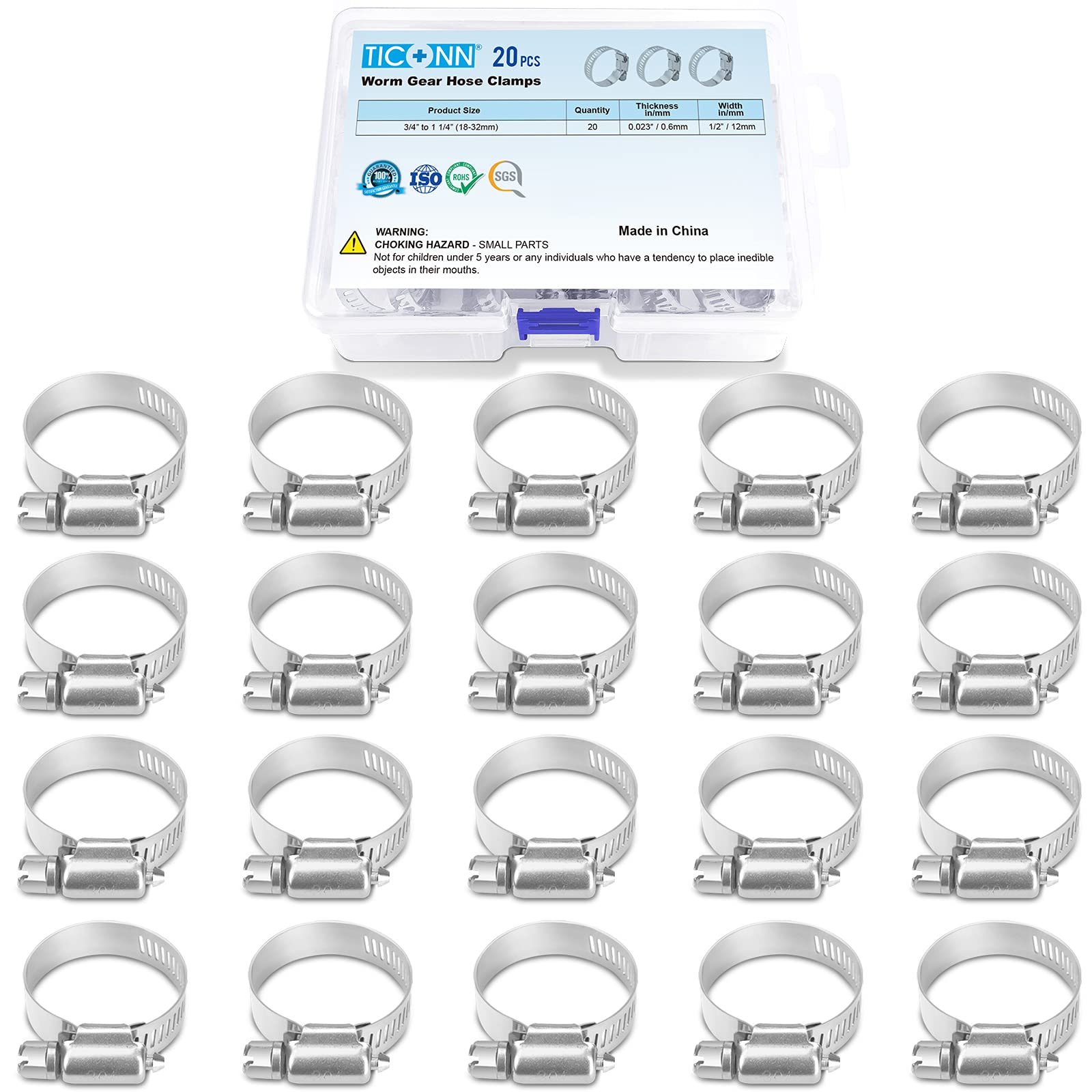 Ticonn 20Pcs Hose Clamp Set - 3/4 ' '-1-1/4 ' ' 304 Stainless Steel Worm Gear Hose Clamps For Pipe, Intercooler, Plumbing, Tube