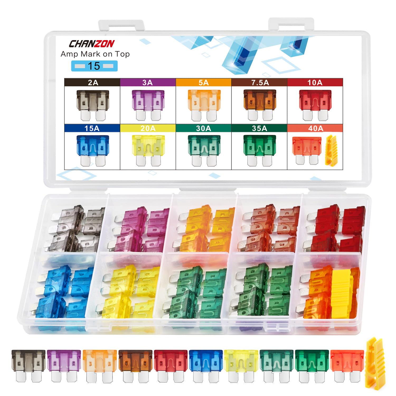 Chanzon Ul Listed Standard Blade Fuse Assortment Kit Atc Ato Apr 10 Values 5 Each:2A,3A,5A,7.5A,10A,15A, 20A, 30 Amp,35A,40A Spa