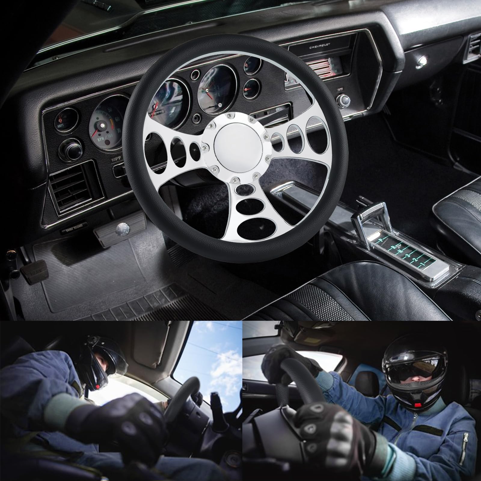 QYMOPAY 9 Bolt Disc Steering Wheel, 14'''' Leather billet steering wheel, 3-Spoke Steering Wheel with Holes, Fits most 9-hole ca