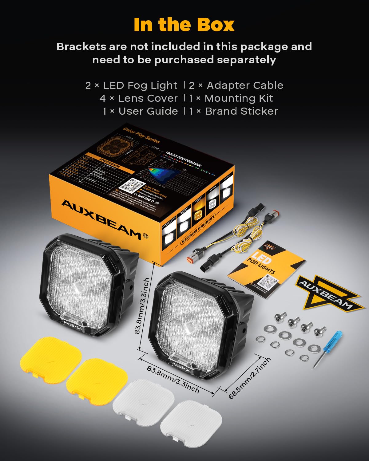 Auxbeam Color Play Series Sae Fog Lights, No Brackets Included, 3 Inch Led Fog Lights With Amber/White Drl & Turn Signal, Dual C
