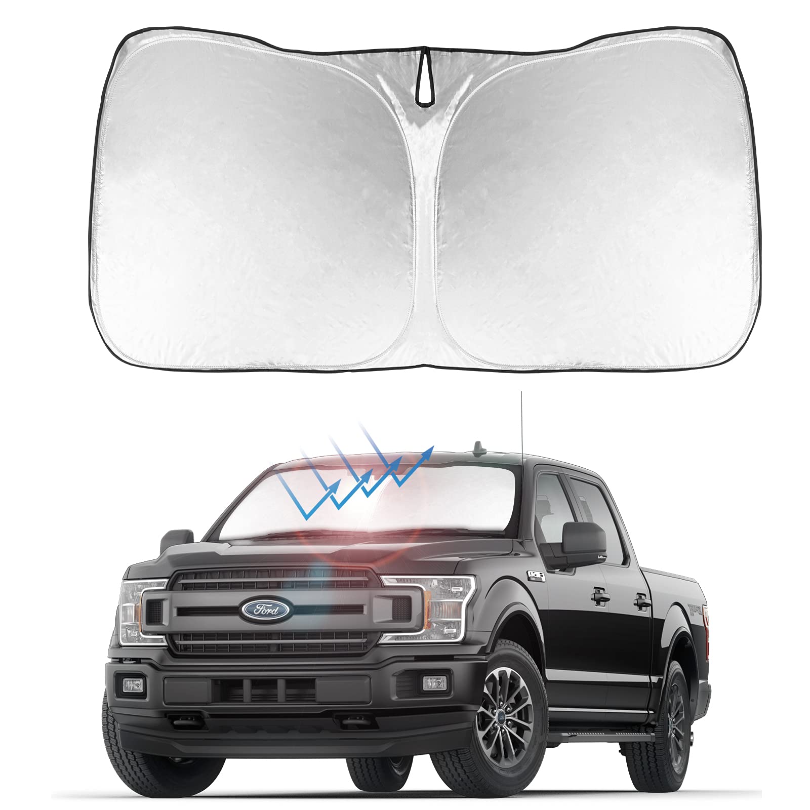 Proadsy Foldable Sunshade Protector for 2015-2020 Ford F-150 Lariat, King Ranch, Platinum, XL XLT, Limited, Raptor - Silver & Black