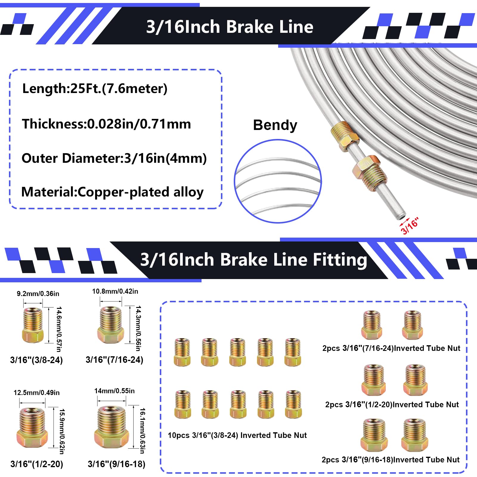 smseace 2Sets 25Ft. 3/16 '' and 1/4 '' Brake Line Tubing Kit with Brake Line Fittings(Includes 16pcs 3/16 ''&16pcs 1/4 '' Fittin