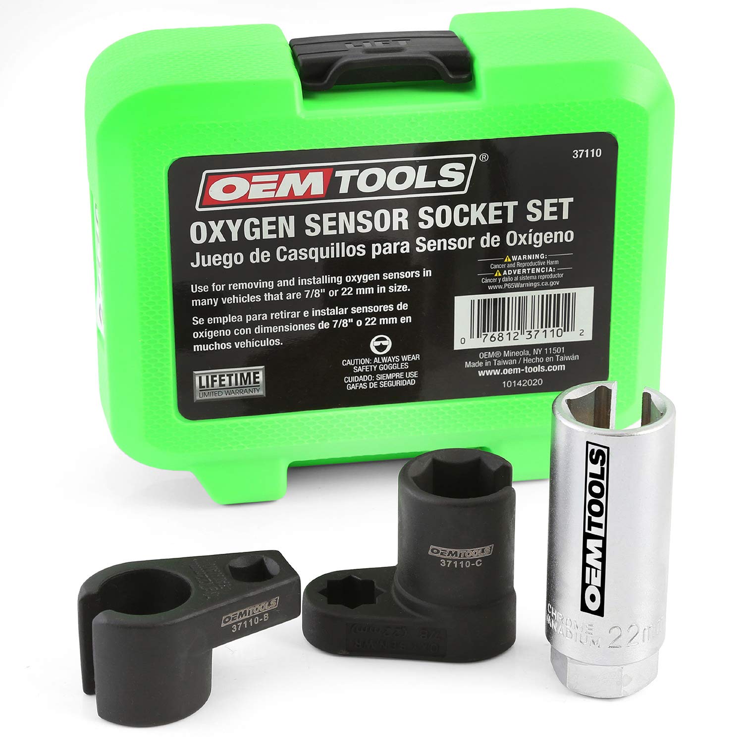 Oemtools 37110 Oxygen Sensor Socket Set, 3 Piece O2 Sensor Wrench Kit With Case, 22Mm O2 Sensor Socket Tools For 3/8 Drive And 1/2 Drive Sensor Remover And Installer, Oxygen Sensor Wrench