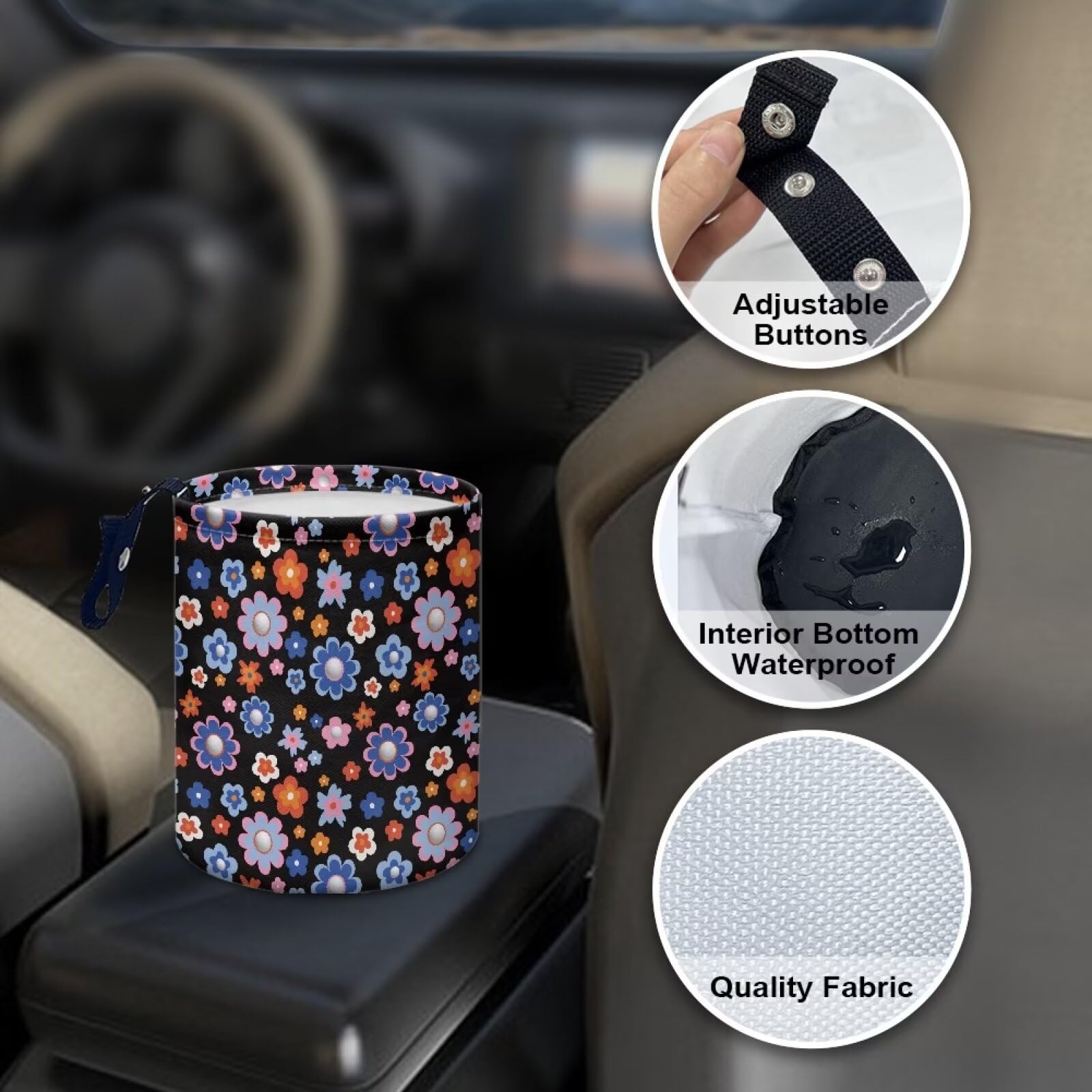 Brosoneto Groovy Hippie Flower Collapsible Trash Can for Cars, Family Gatherings, Camping - Easy to Clean Car Garbage Accessory