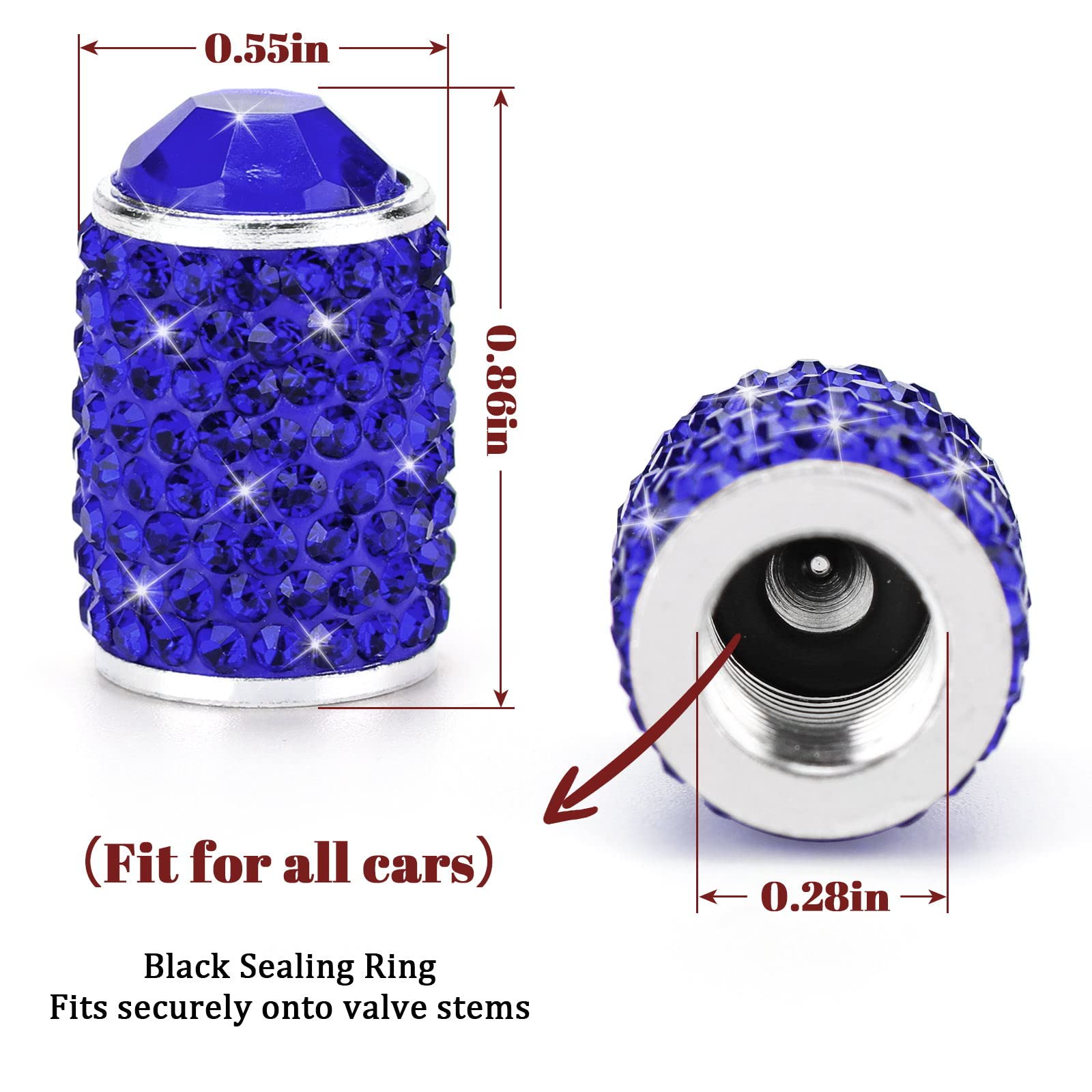 ToBeQueen Blue Bling Tire Valve Caps, 4 Pack Handmade Crystal Rhinestone, Universal Dustproof Car Accessories, Dark Blue