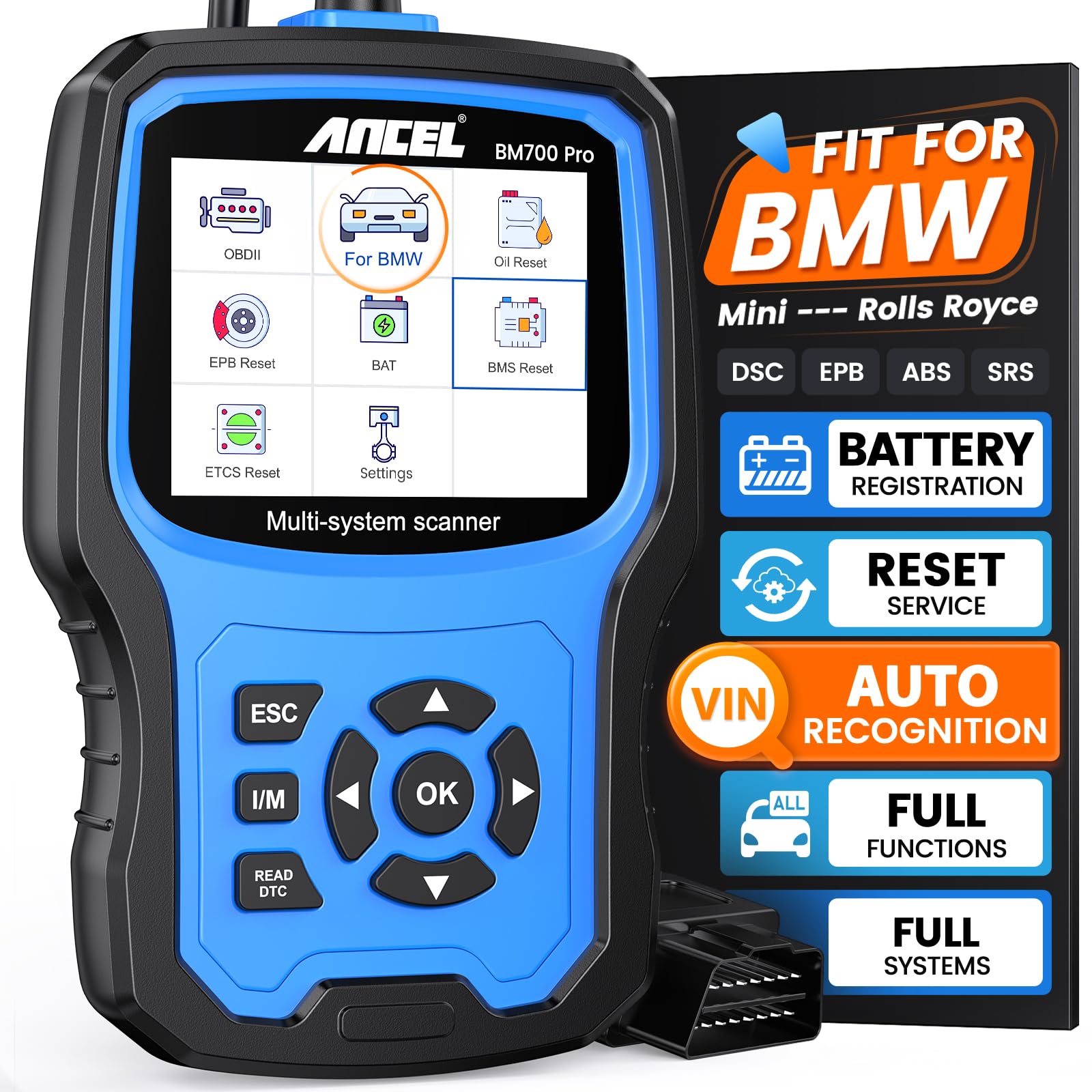 ANCEL BM700 PRO Fit for BMW Scanner - Battery Registration Tool, Code Reader for BMW/Mini/RR, Advanced OBD2 Scanner Auto V-I-N, 