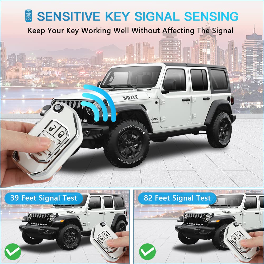 1797 Key Fob Cover For Jeep Wrangler Jl Jlu Gladiator Jt Accessories 2018 - 2022 Car Remote Key Case Shell 4 Button White Silver Tpu