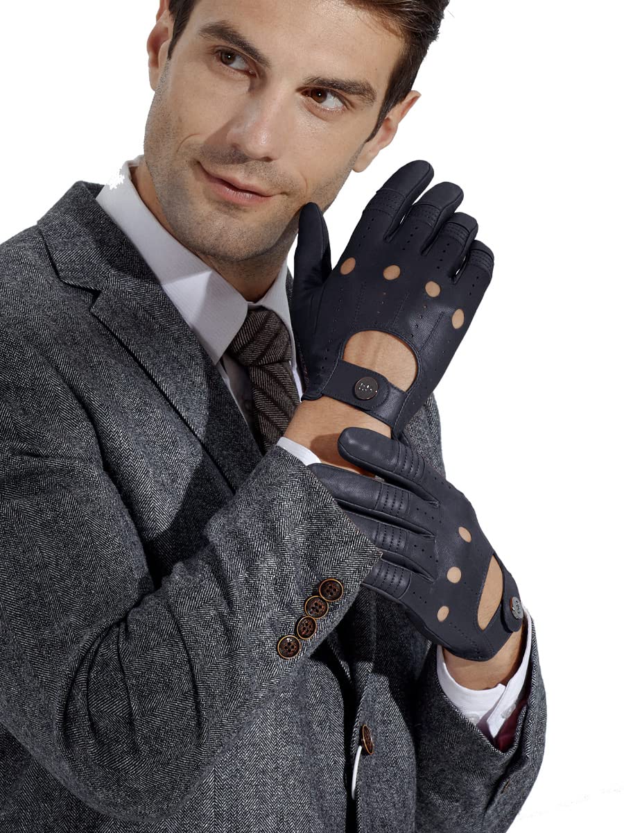 Gsg Men Genuine Leather Gloves Navy Blue Unlined Biking Touchscreen Driving Gloves Medium,Navy Palm Hole