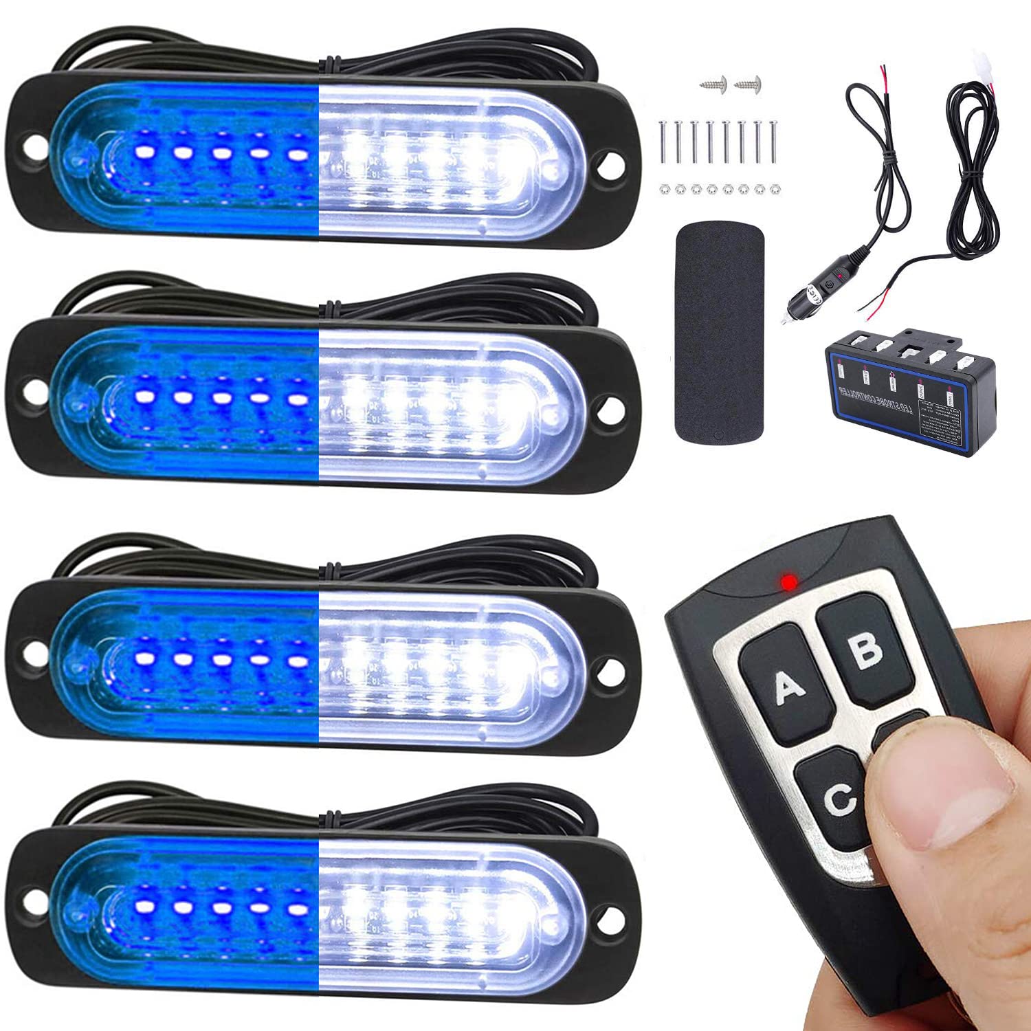 Ease2U E Led Warning Lights, 4Pcs Emergency Warning Caution Hazard Construction Ultra Slim Sync Feature Car Truck With Main Cont