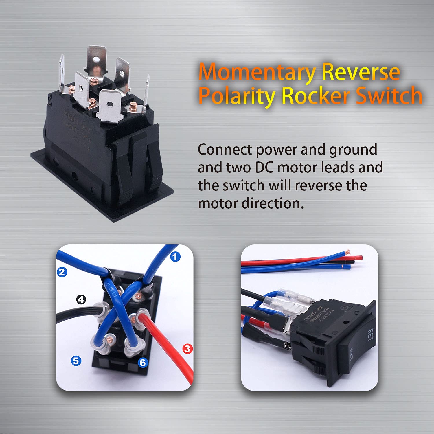 Weideer Momentary Reverse Polarity Rocker Switch Dpdt (On)-Off-(On) 6 Pin 20A 12V Dc Power Tongue Jack Switch With Jumper Wires