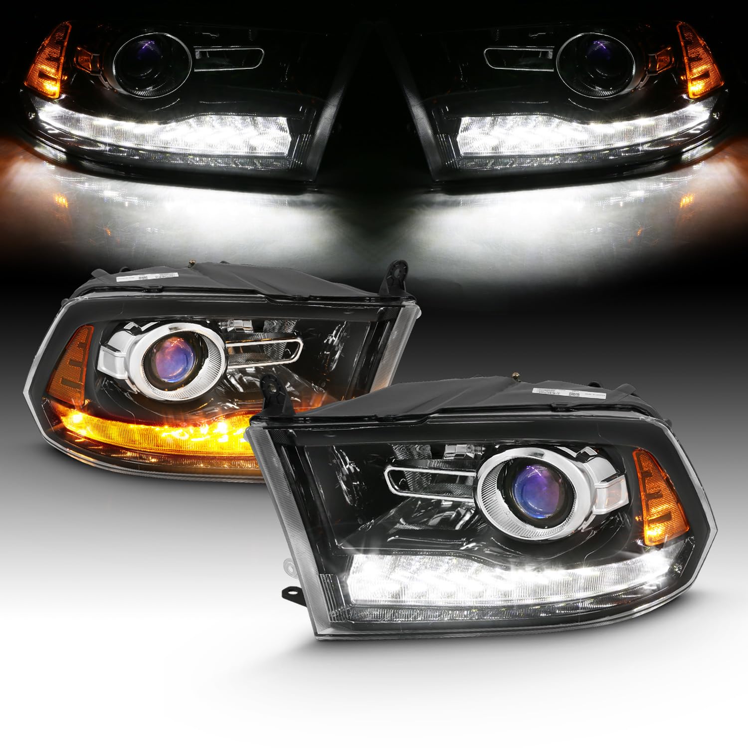 Amerilite Halogen, Led, Projector Headlights For 2009-2018 Dodge Ram 1500 2500 3500 Assembly Tube Turn Signal Set, Vehicle Light Assembly, Polished Black With Switchback Led