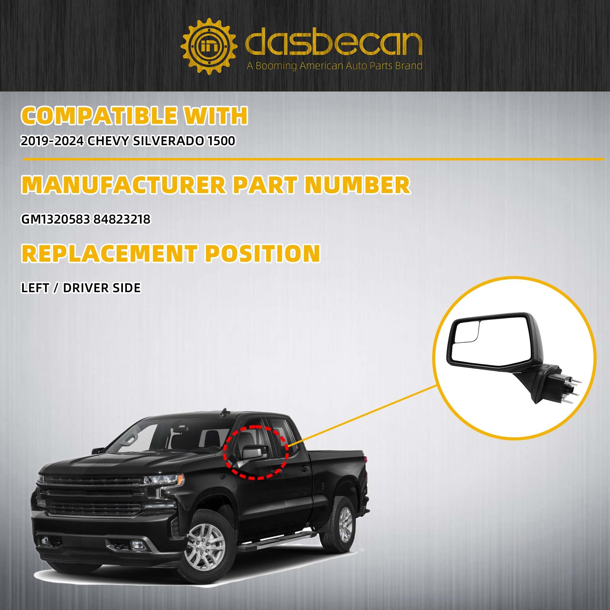 Dasbecan Left Driver Side Mirror Compatible with 2019-2024 Chevy Silverado 1500 with Power Heated/Blind Spot/Manual folding Glos