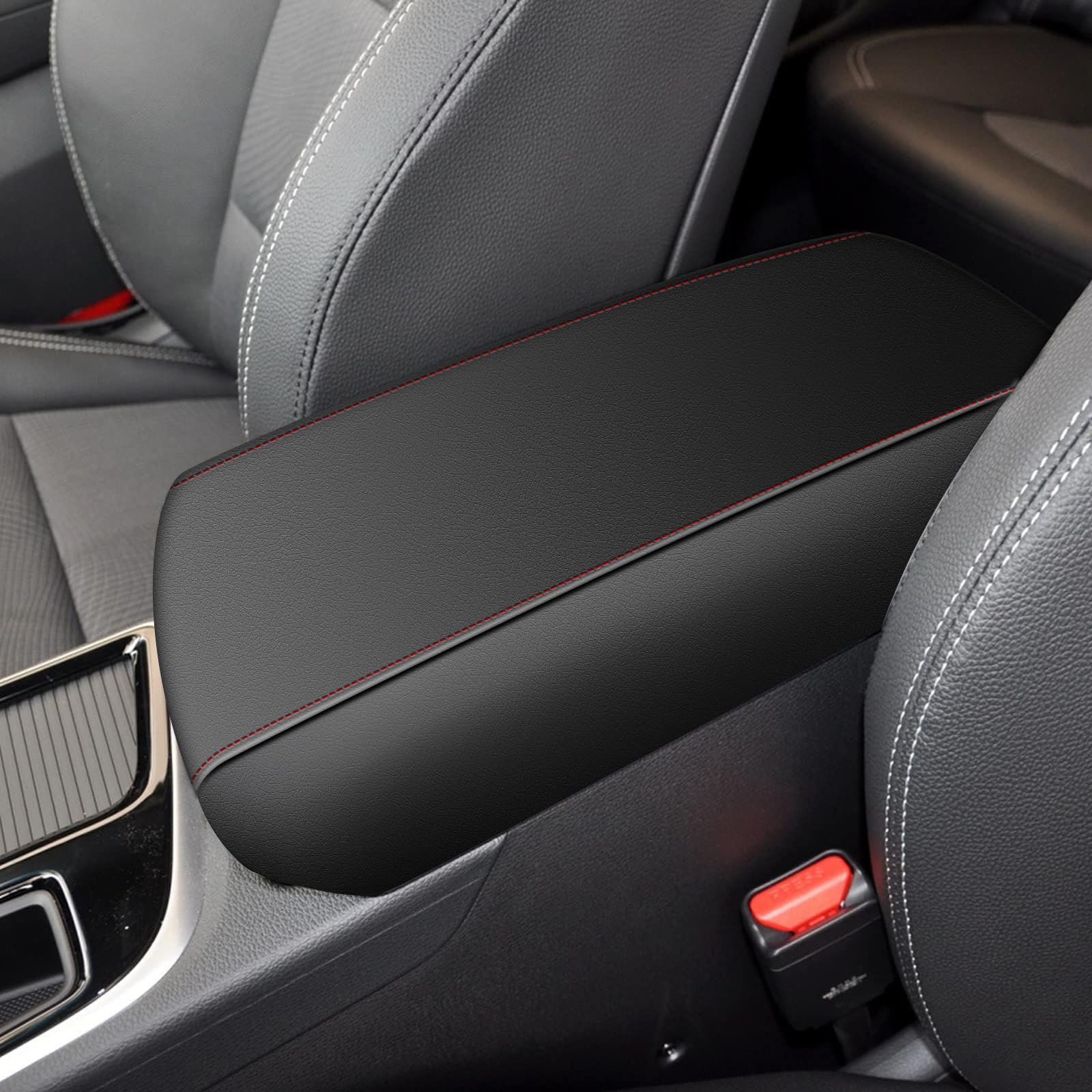 Aomsazto Leather Armrest Cushion For 2019-2015 Hyundai Sonata Black With Red Stiches
