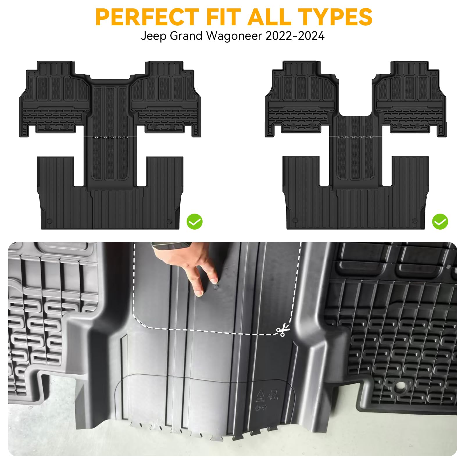 3W Floor Mats & Cargo Liner Fit For Jeep Grand Wagoneer 2022 2023 2024 2025 7 Seat (Not Fit For L Or 8 Seat), Tpe Custom Fit Wag