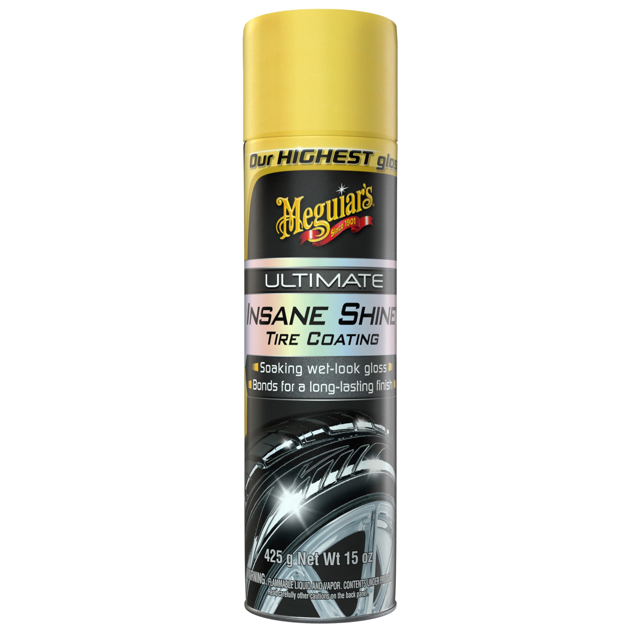 Meguiar'S Ultimate Insane Shine Tire Coating - Premium Tire Dressing That Delivers A Lasting High Gloss Wet Look That'S Easy To Use - 15 Oz Aerosol