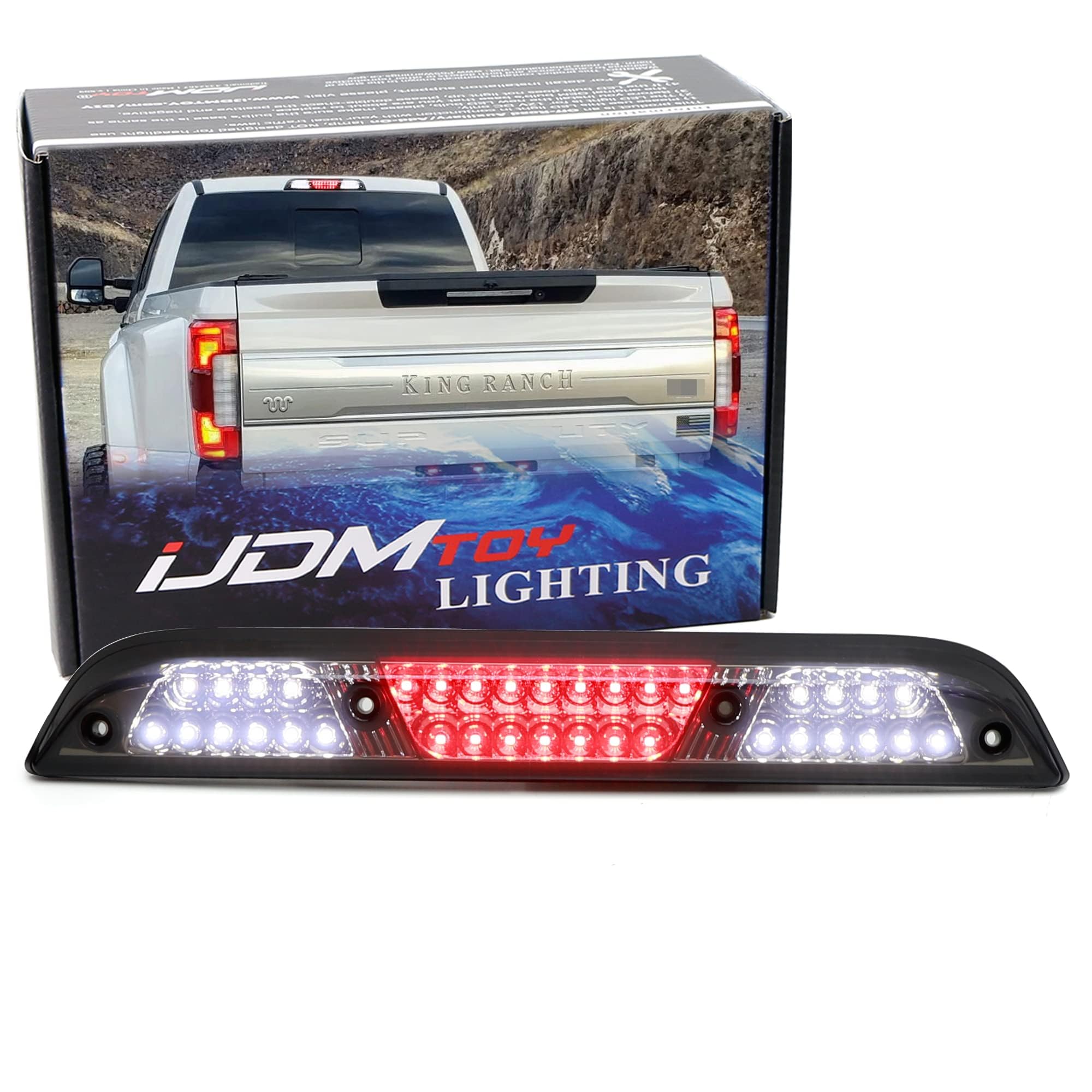 Ijdmtoy Smoke Lens W/Chrome Reflector Full Led High Mount Third Brake Lamp W/ F1 Strobe Flash Feature Compatible With Ford 2015-