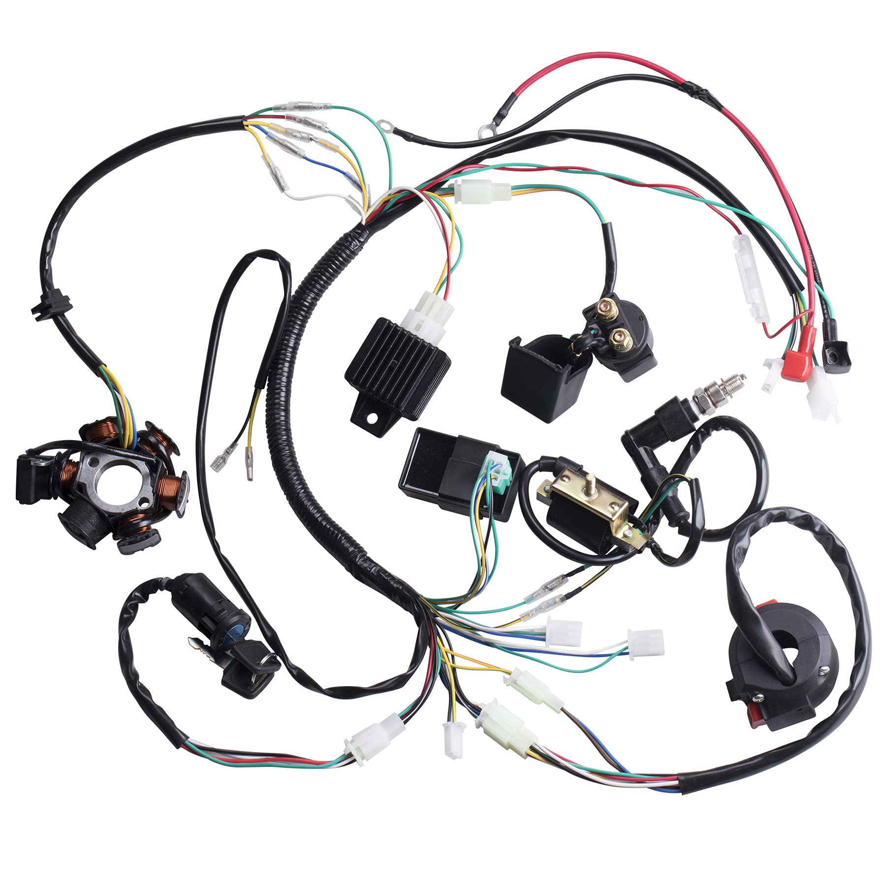 Complete Electrics Wiring Harness Coil Stator Solenoid Relay CDI Spark Plug for 4 Wheelers Stroke ATV 50cc 70cc 90cc 110cc 125cc