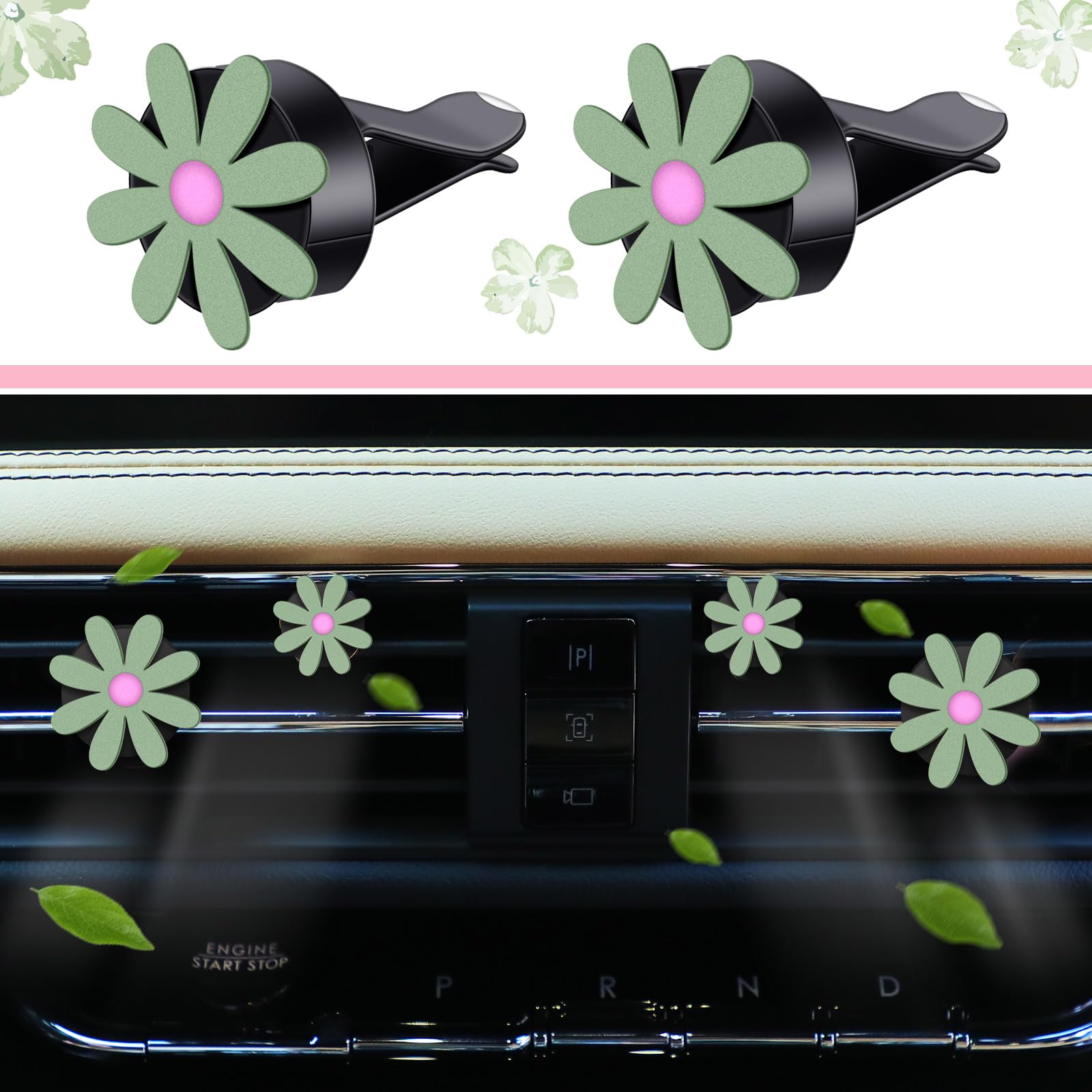 15 Pcs Bling Car Accessories Set Leather Steering Wheel Cover Seatbelt Cover Car Ring Sticker Center Console Pad USB Port Flower