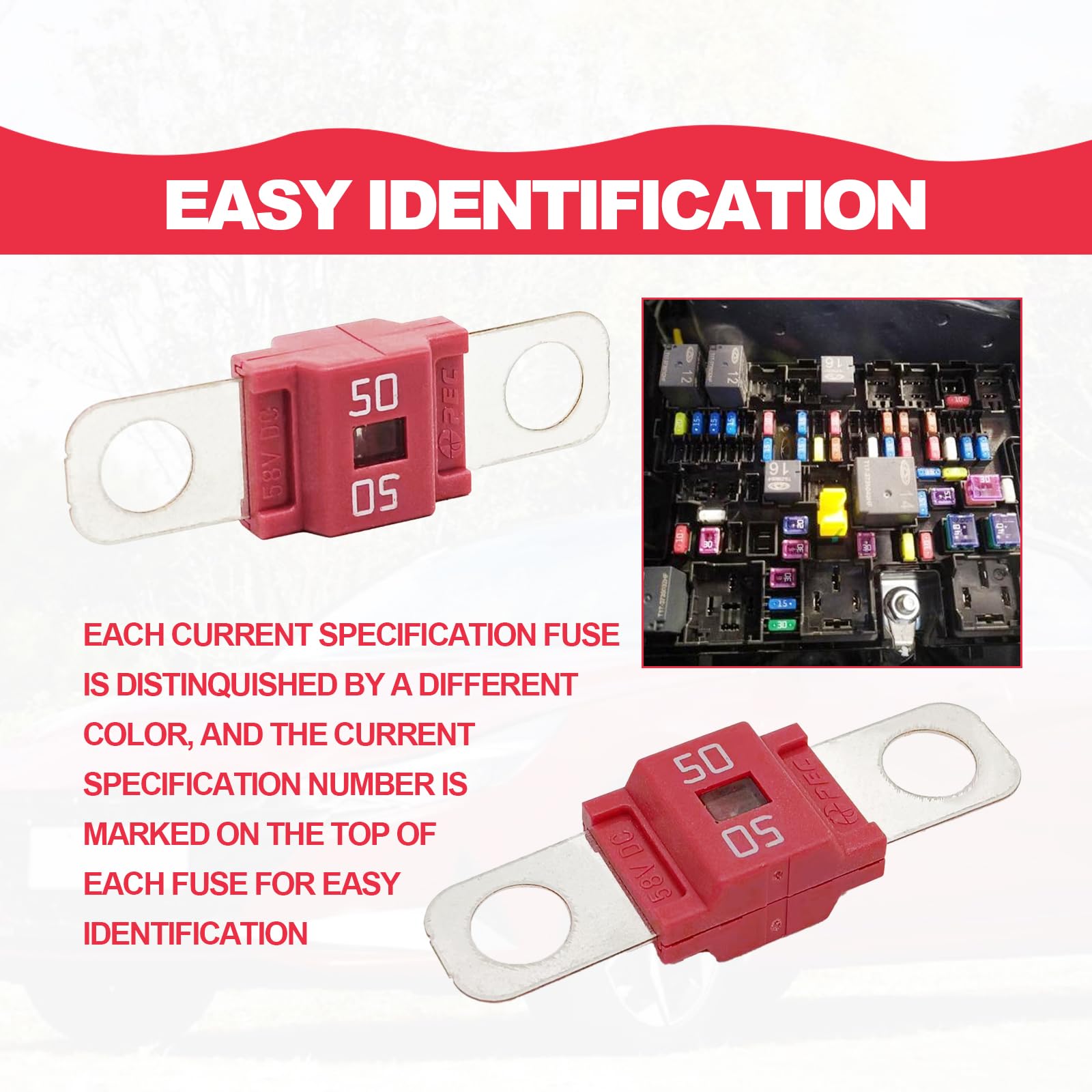 Pack of 3 AMI/Midi Fuse 50 Amp High Current Fuse Bolt-on Fuse, commonly Used in Cars, Trucks, Construction Vehicles, Agricultura