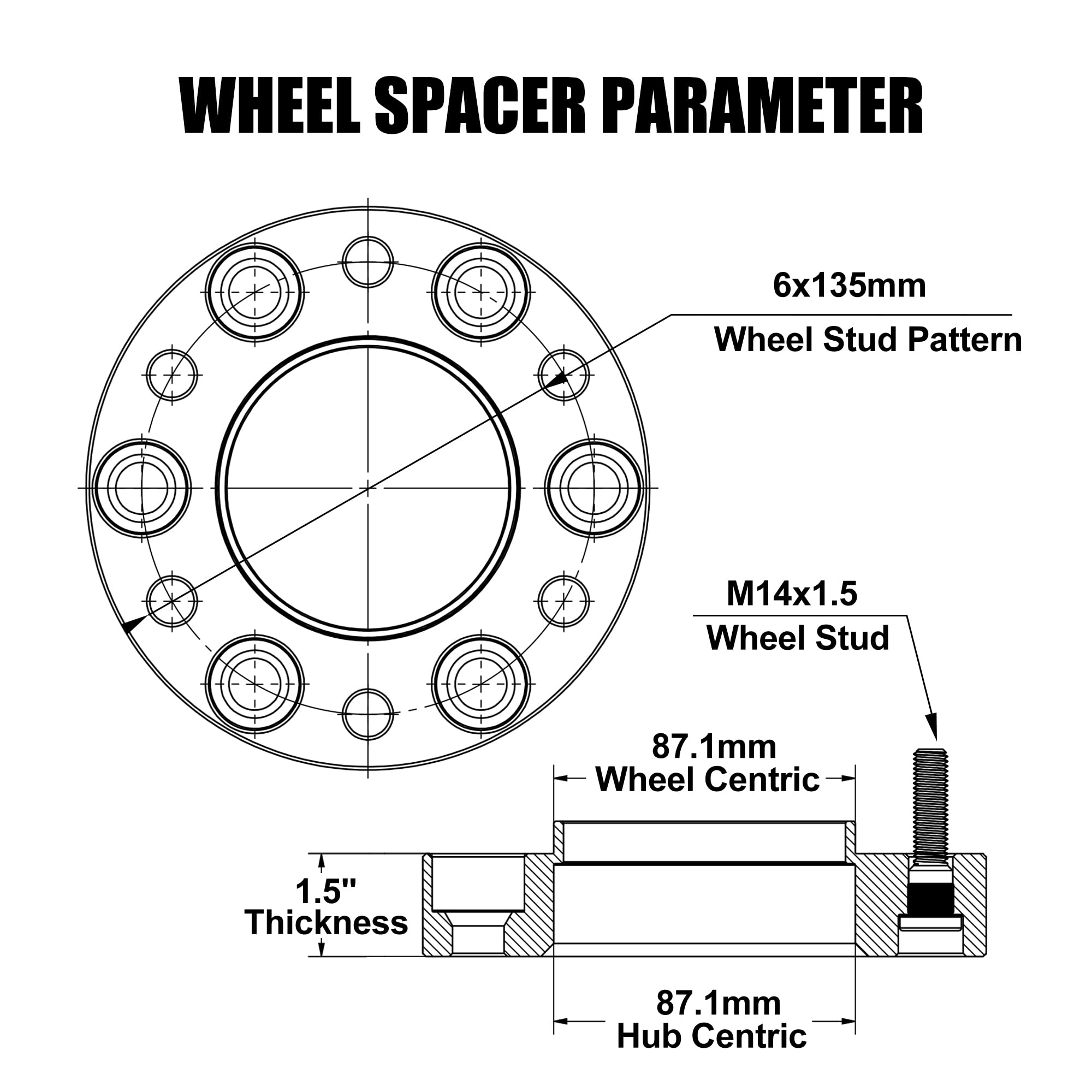 6 Lug 6X135 Hubcentric Wheel Spacers For 2015-2025 F150,1.5 Inch 6X135Mm Wheel Spacer 14X1.5 Studs & 87.1 Mm Bore Compatible With 2015-2024 Expedition 2015-2025 Navigator