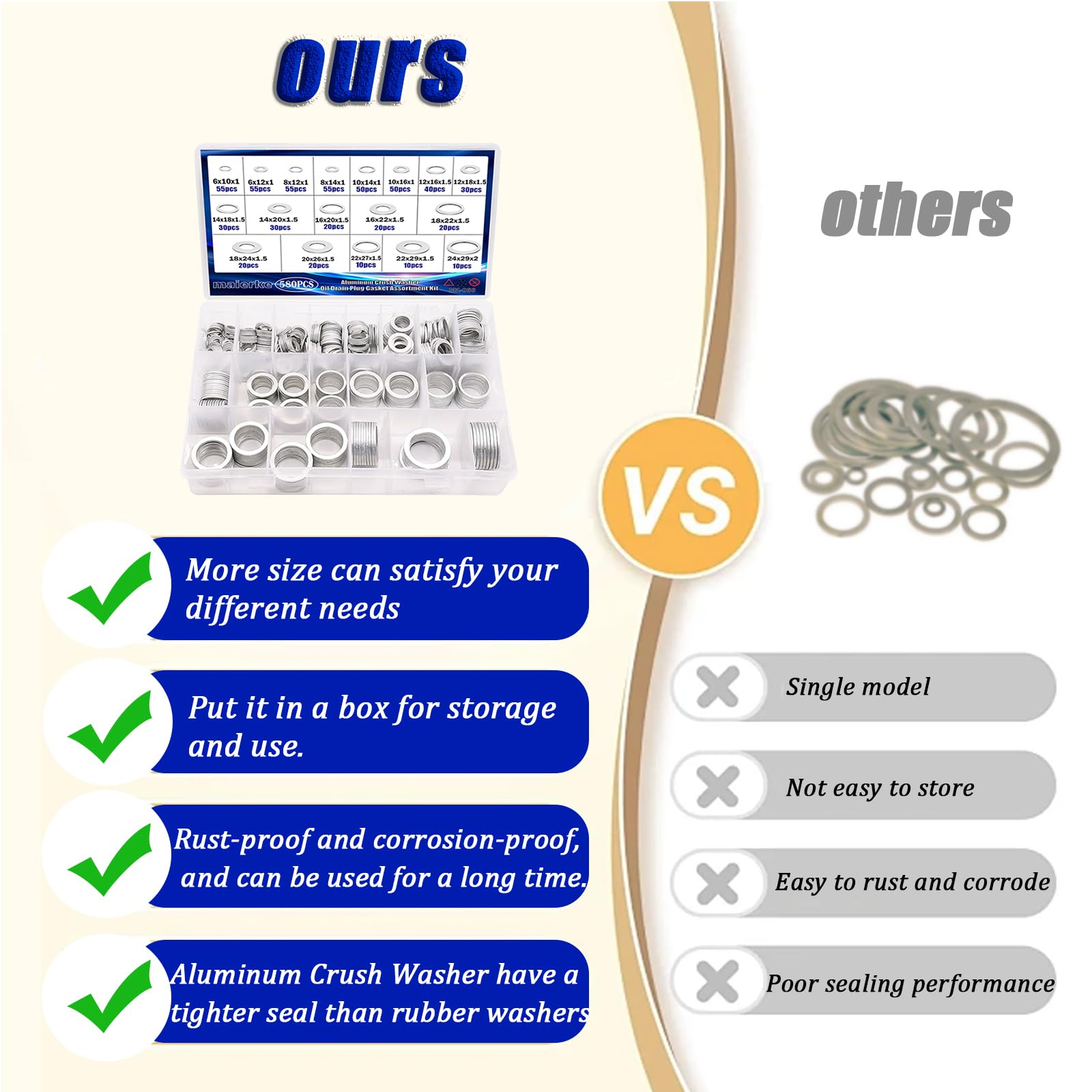 maierke 580PCS Crush Washer Oil Drain Plug,18 Sizes Aluminum Oil Drain Plug Gasket Assortment,Automotive Engine Crush Washers (M