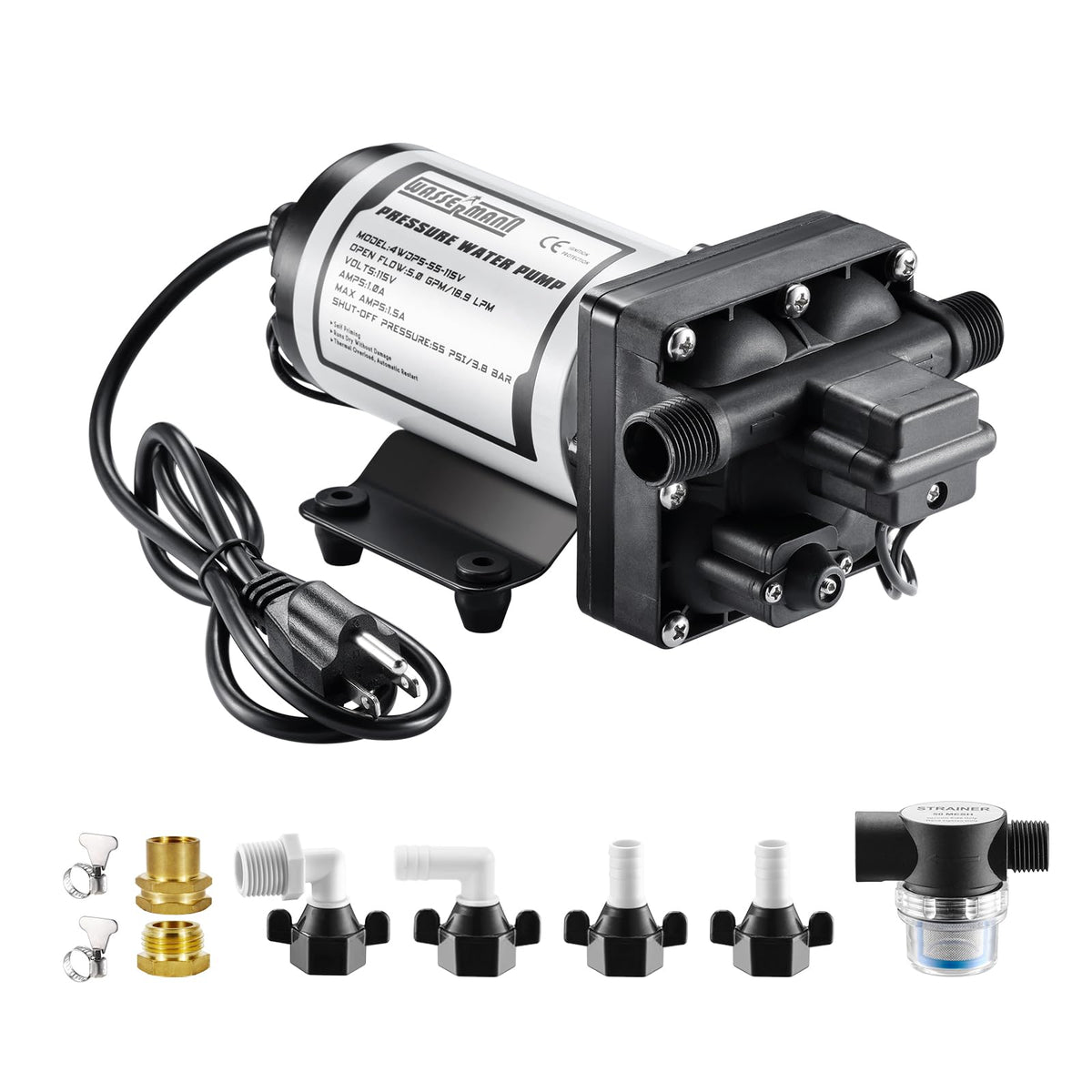 Wassermann Water Pressure Booster Pump 115V Ac With Pressure Switch,Self-Priming Water Pump 5.0Gpm 55Psi,For Rv Kitchen Barthroo