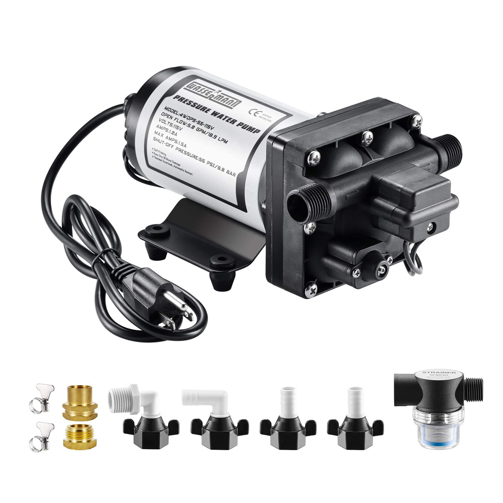 WASSERMANN RV Water Pumps Pressure Pump 115V AC with Pressure Switch, Self-priming Water Pump 5.0GPM 55PSI, Fresh Water Pump for