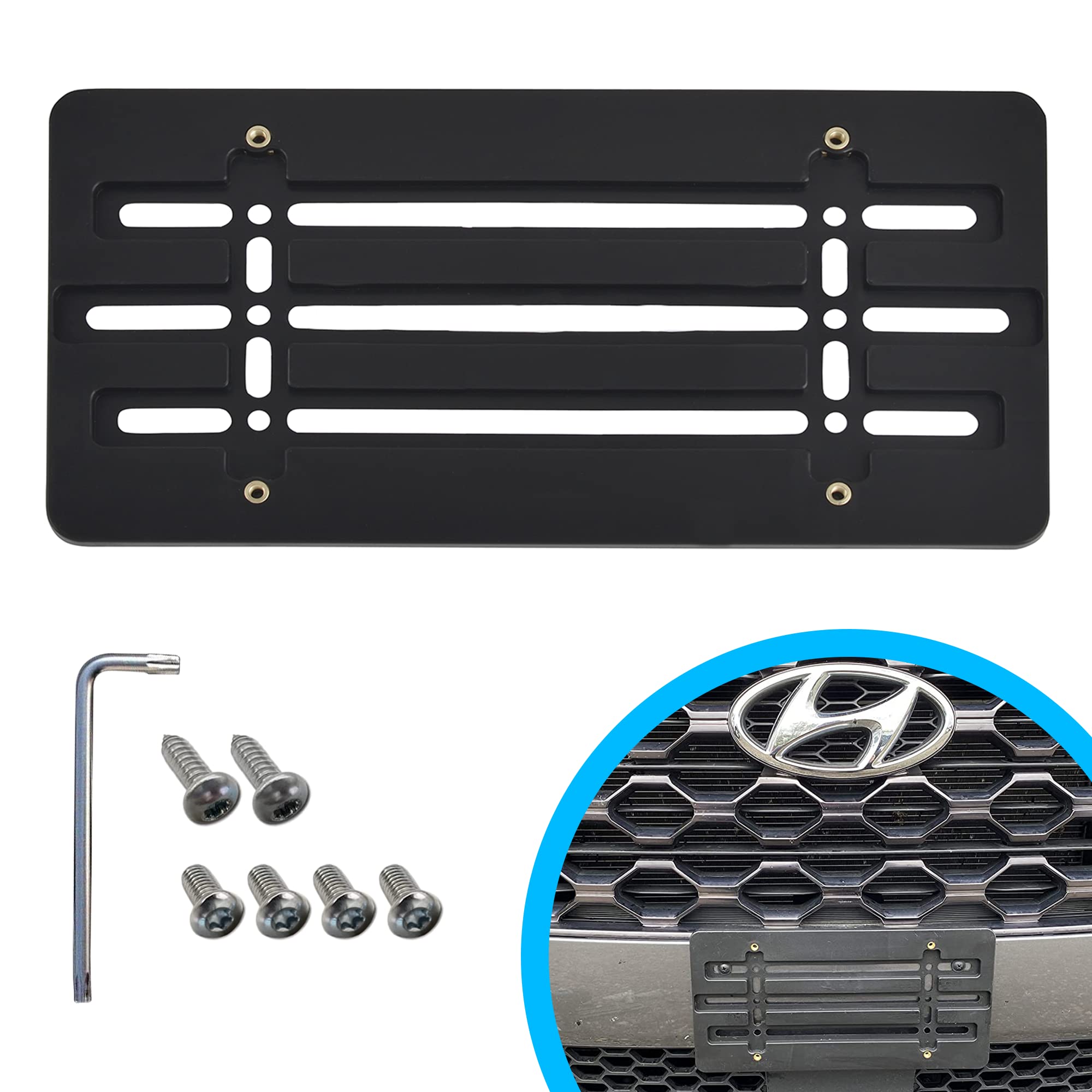 Front Bumper License Plate Bracket For Hyundai , Plate Holder Set W 6 Unique Screw Bolts & Wrench Kit, License Tag Mounting Kit,