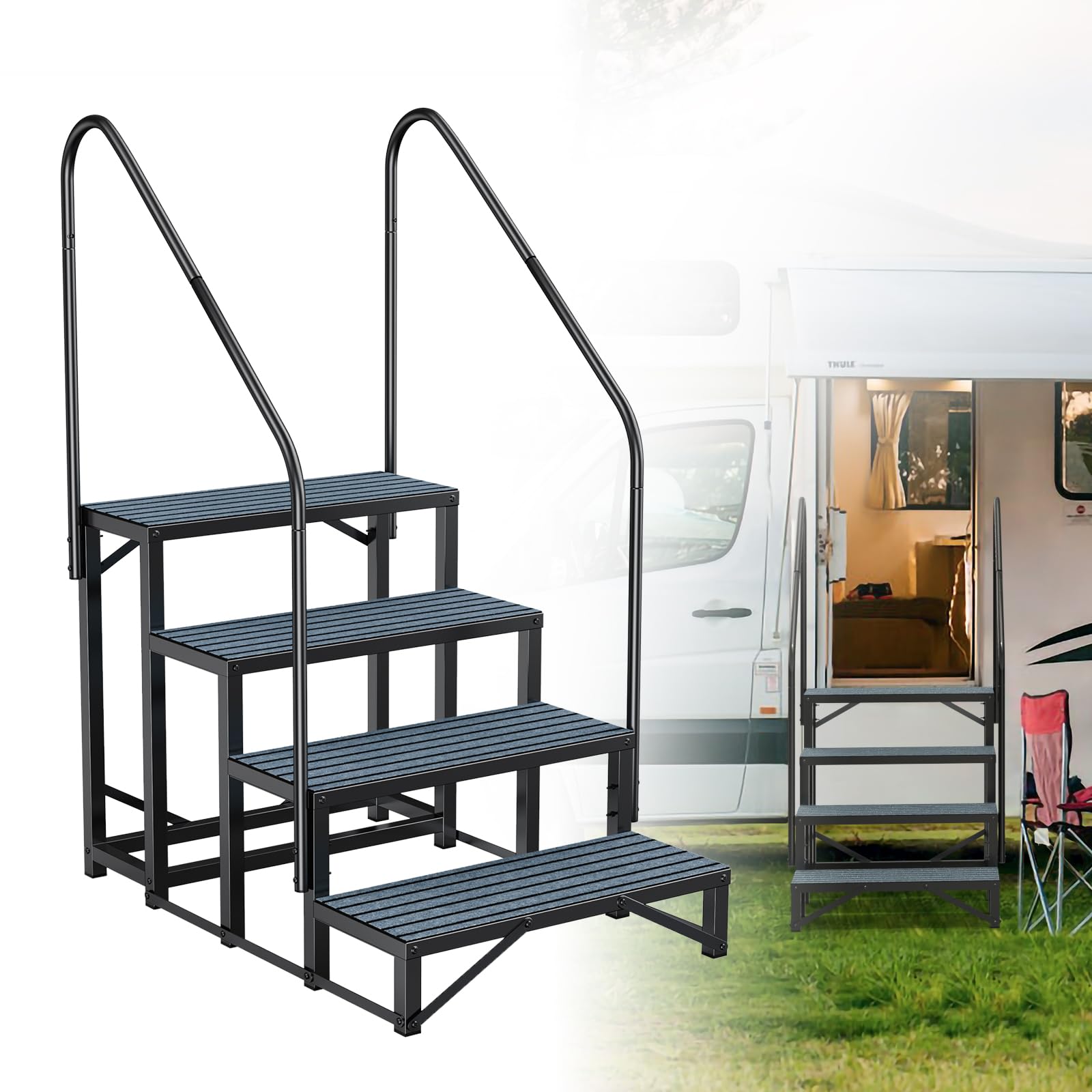 Rv Steps with Handrail 4 Step,Hot Tub Steps with Anti-Slip Mats,Heavy Duty Metal Mobile Home Stairs,Camper Steps for Travel Trai