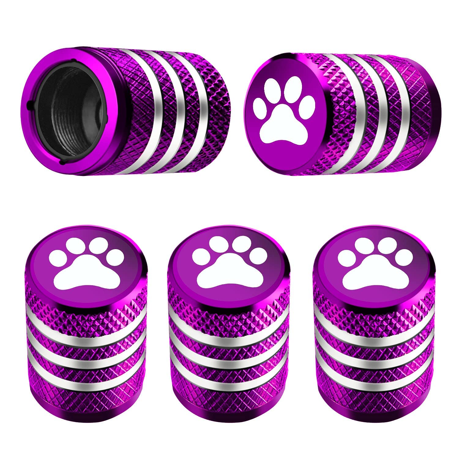 Tire Valve Stem Cap Cover - (5 Pack) Tire Air Caps Metal With Plastic Liner Corrosion Resistant Leak-Proof Cat/Dog Paw For Car Truck Motorcycle Bike Purple
