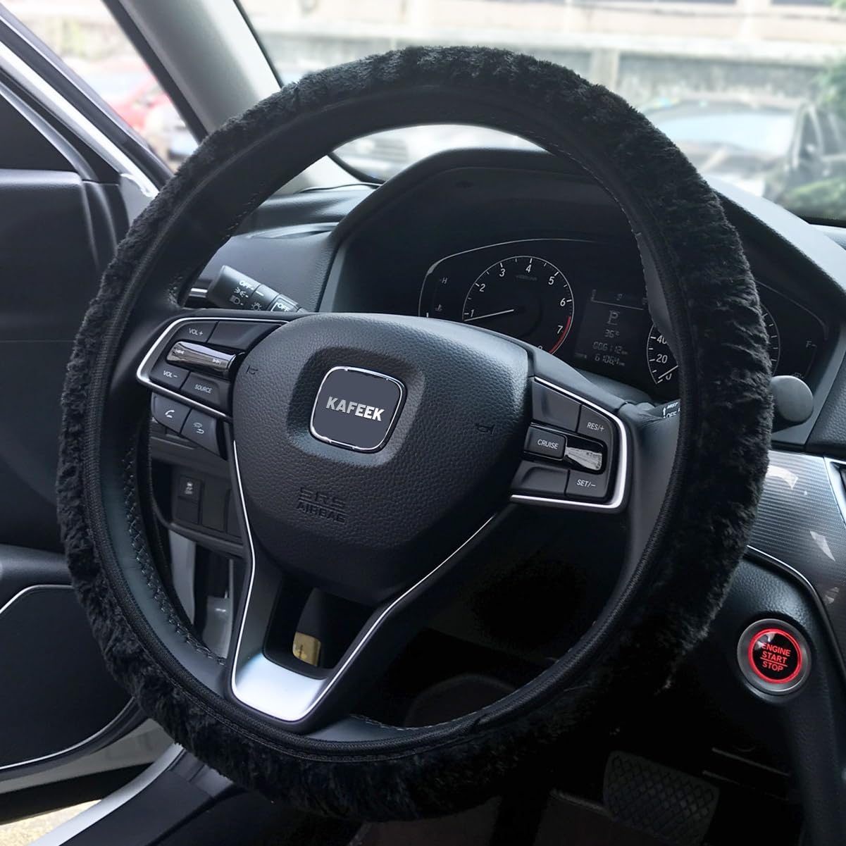 Kafeek Elastic Long Microfiber Plush Steering Wheel Cover For Winter Warm, Universal 15 Inch, Anti-Slip, Odorless, Black