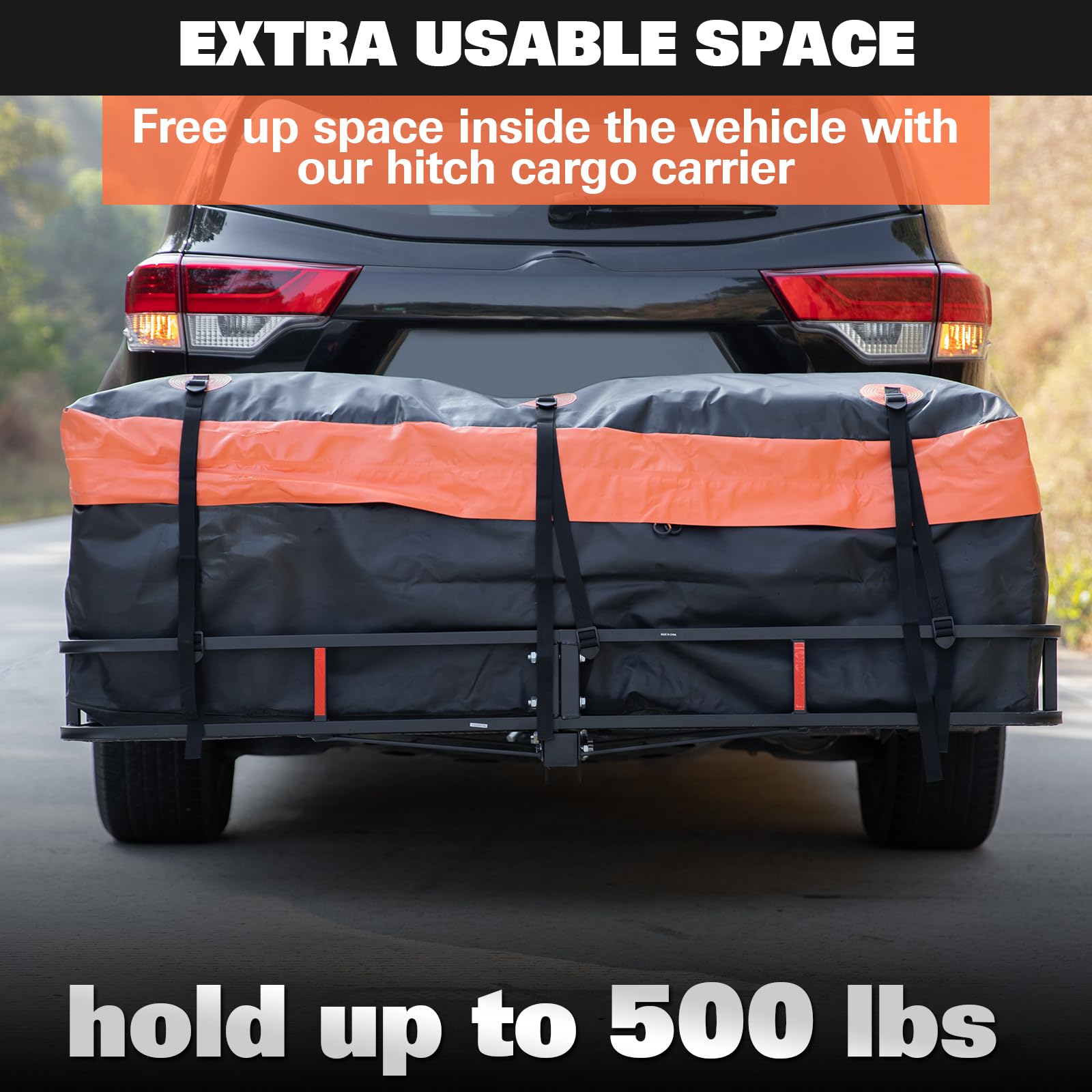 Weize Folding Hitch Mount Cargo Carrier Basket 60 X 20 X 6 With Waterproof Bag, Net, Strap, 2-Inch Folding Shank, 500 Lbs Capacity Hitch Rack, Steel Construction