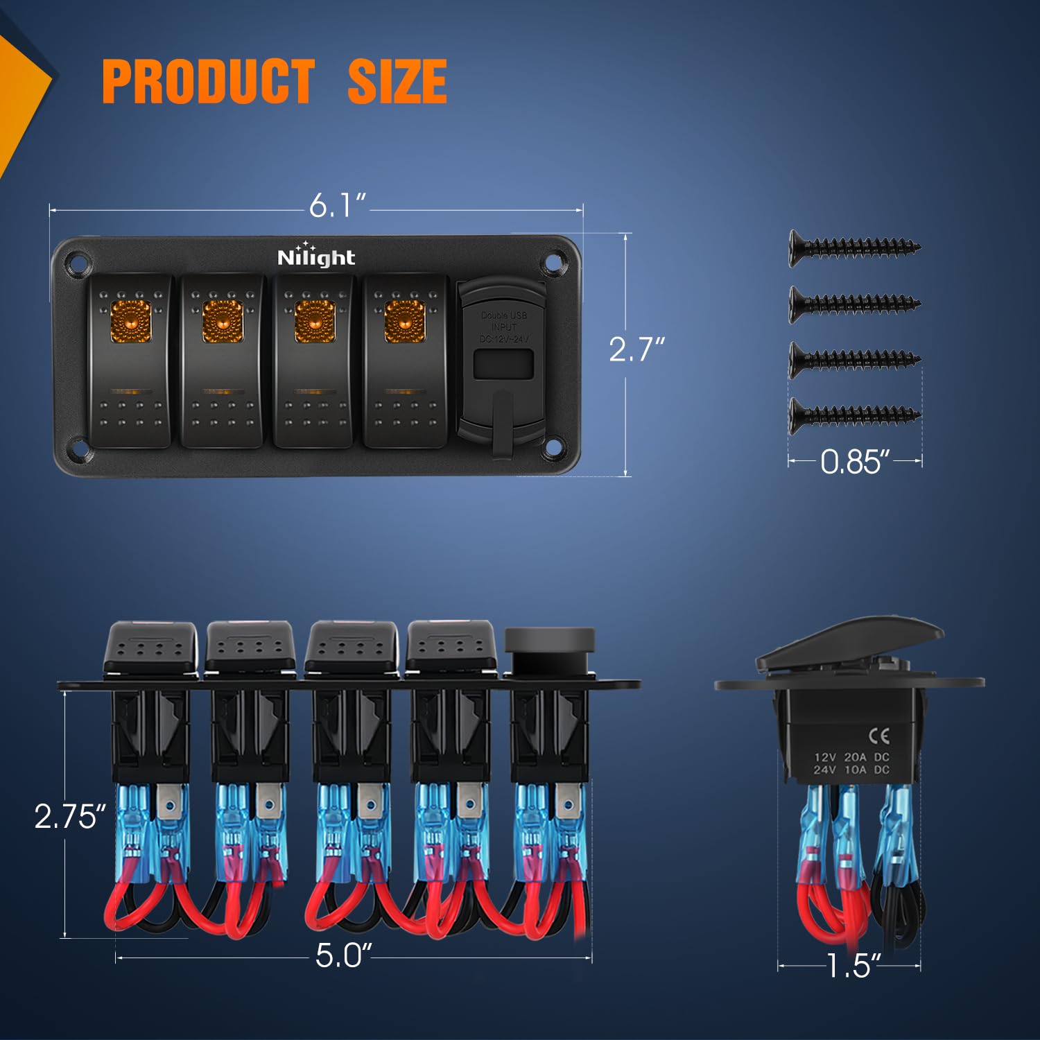 Nilight 4 Gang Rocker Switch Panel With Pd Type C And Usb Charger Voltmeter 12V Spst On Off Toggle Switches With Orange Backlit