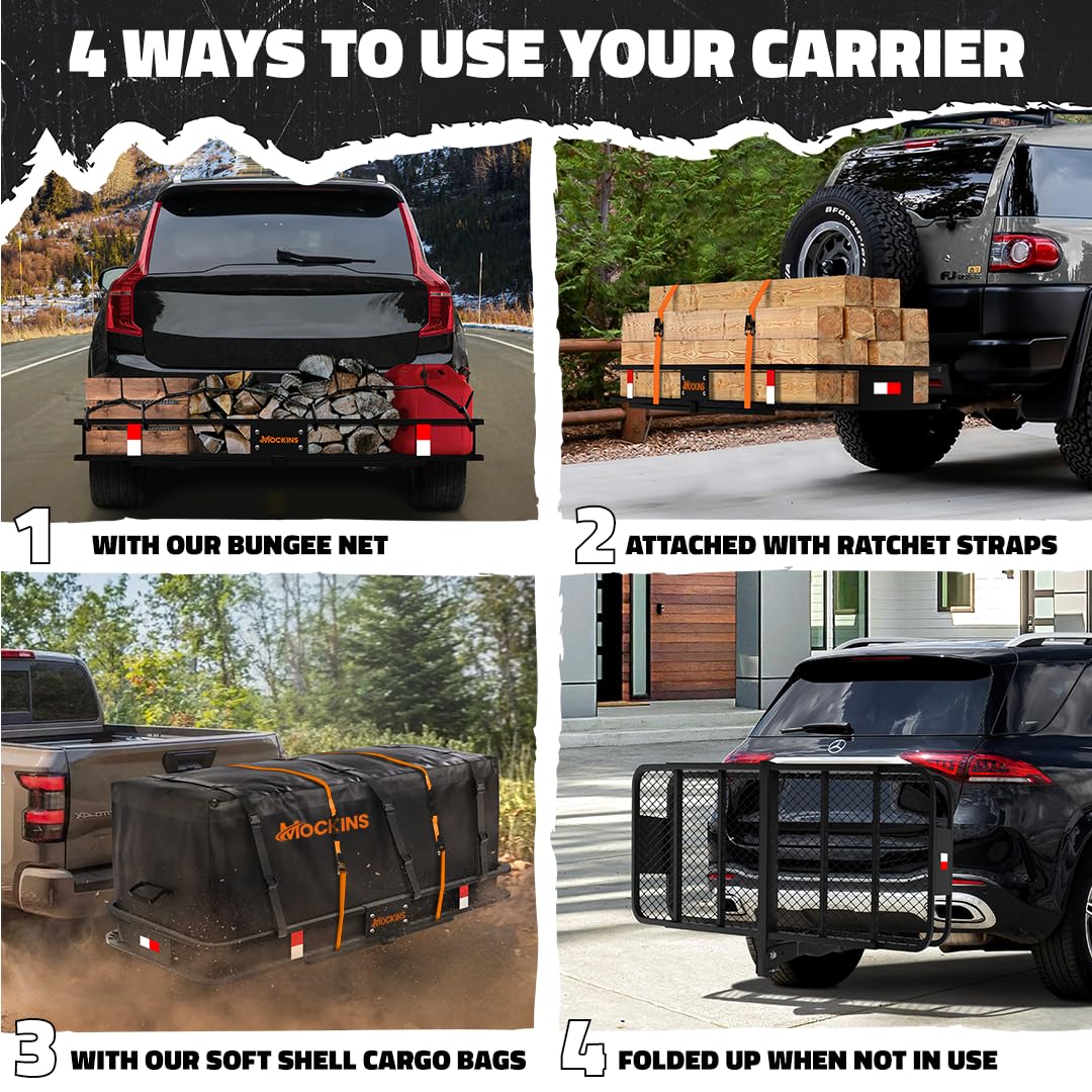 Mockins 60''X24''X6'' Heavy Duty Trailer Hitch Cargo Carrier With 500 Lbs. Capacity | Great For Camping, Road Trips, Moving & Mo