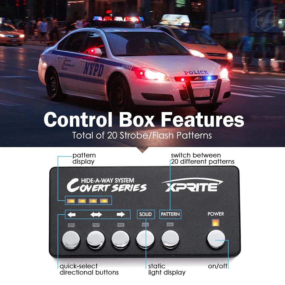 Xprite Red Blue Led Hideaway Strobe Police Lights Kit, 20 Flashing Patterns W/Control Panel For Headlights Taillights Hazard War
