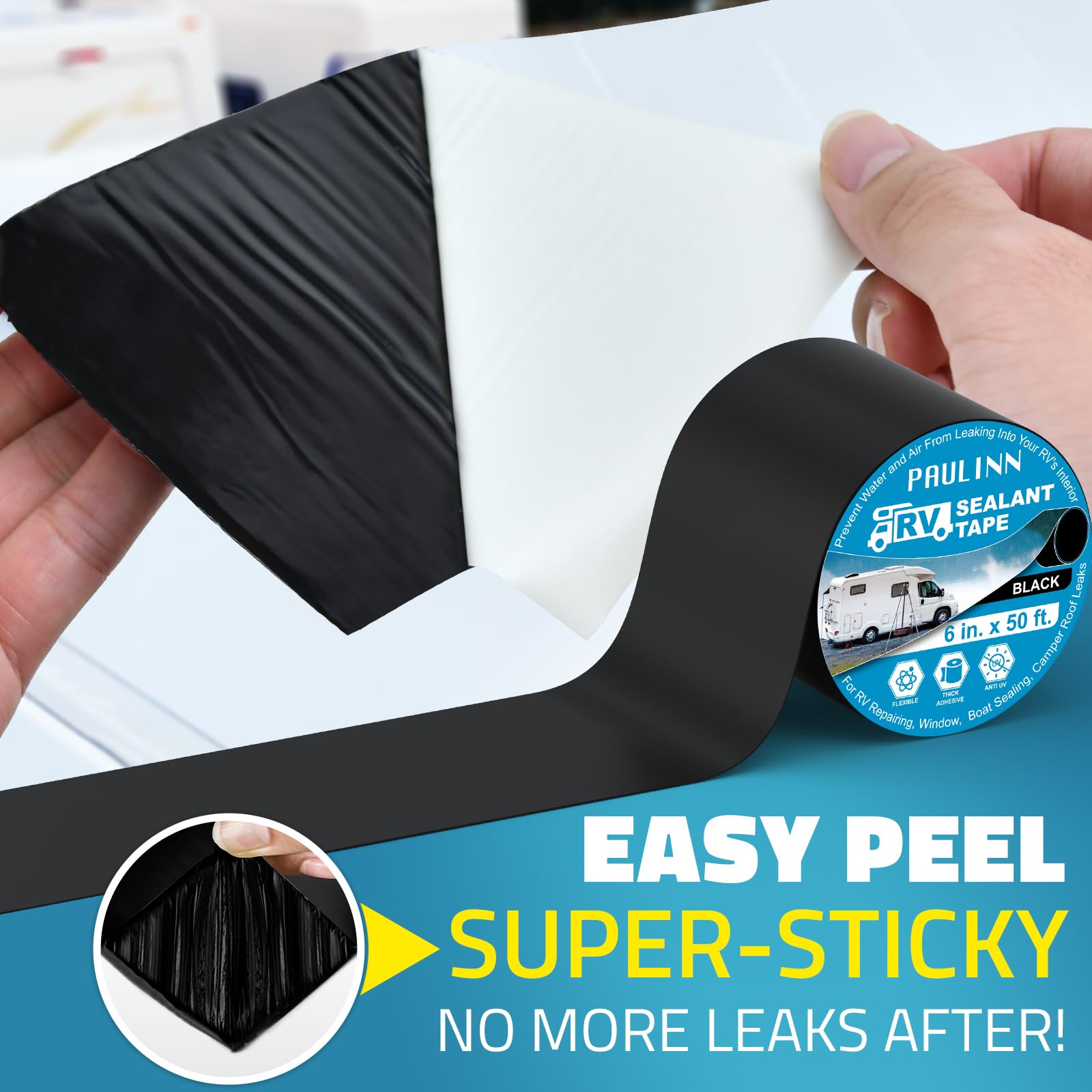 Paulinn Butyl Sealant Waterproof Tape, 6 Inch X 50 Foot Camper Roofing Tape Black, Uv & Weatherproof Roof Seal Tape For Rv Campe