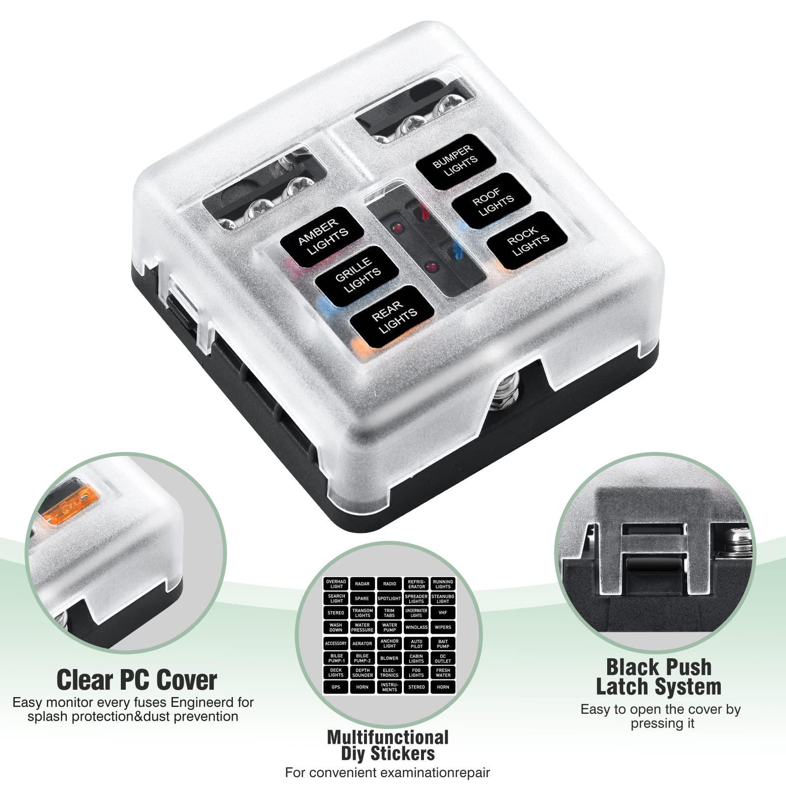 6-Way Marine Fuse Block,Waterproof 12v Fuse Block with LED Indicator for 12V/24V Automotive Golf Cart Truck Car Boat Marine RV M