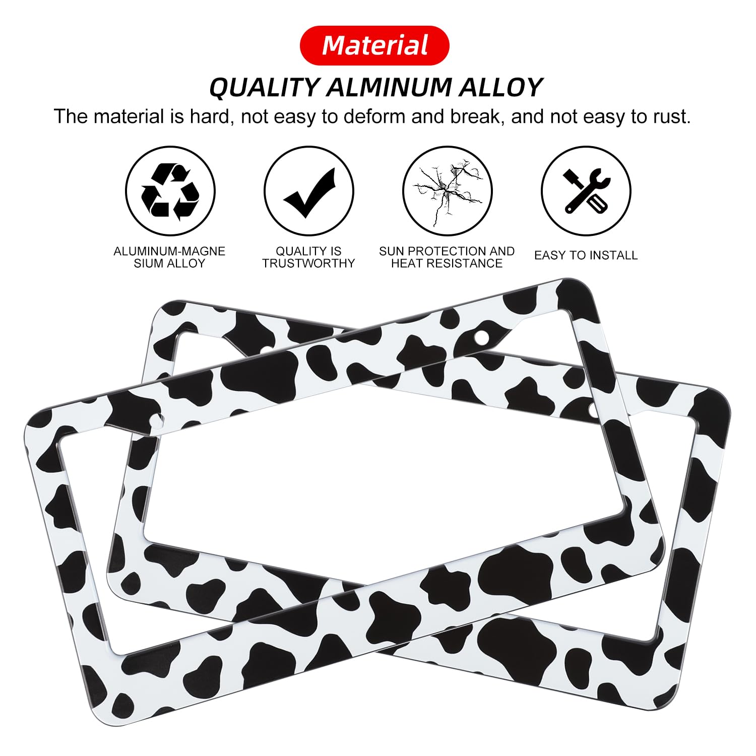 2 Pack Cow Print License Plate Frames- Cute Animal White Black Spot Cow Universal Auto Aluminum Car Tags Holder Cover with Screw