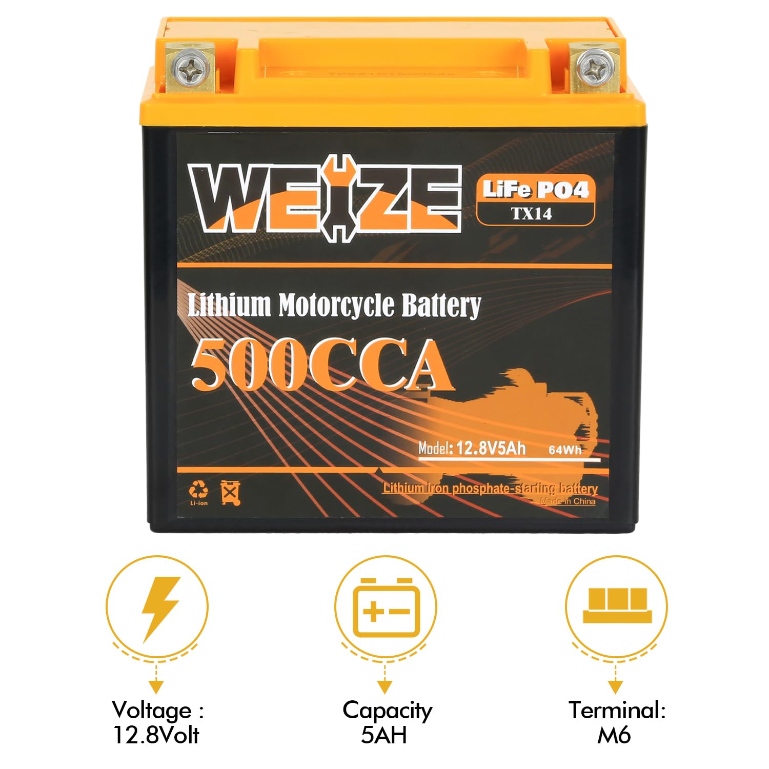 WEIZE 12V 5AH Lithium YTX14-BS Motorcycle Battery - 500A LiFePO4 for ATV, UTV, Jet Ski, Snowmobile, Lawn Mower, and
