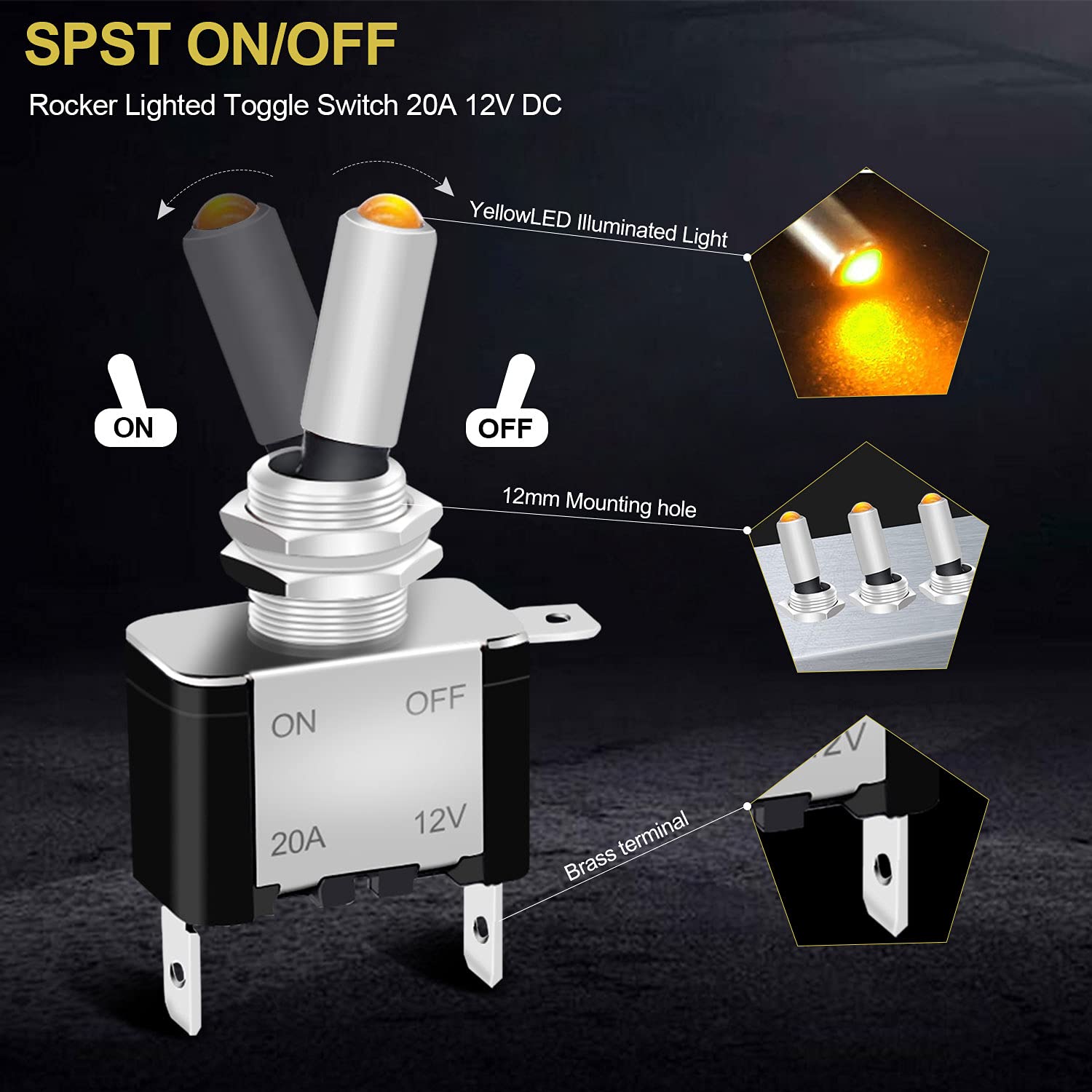 Twidec/3Pcs Rocker Lighted Toggle Switch 12V 20A Heavy Duty Racing Car Automotive Auto Spst On/Off Toggle Switch Yellow Led Illuminated 3Pin Asw-07Dy