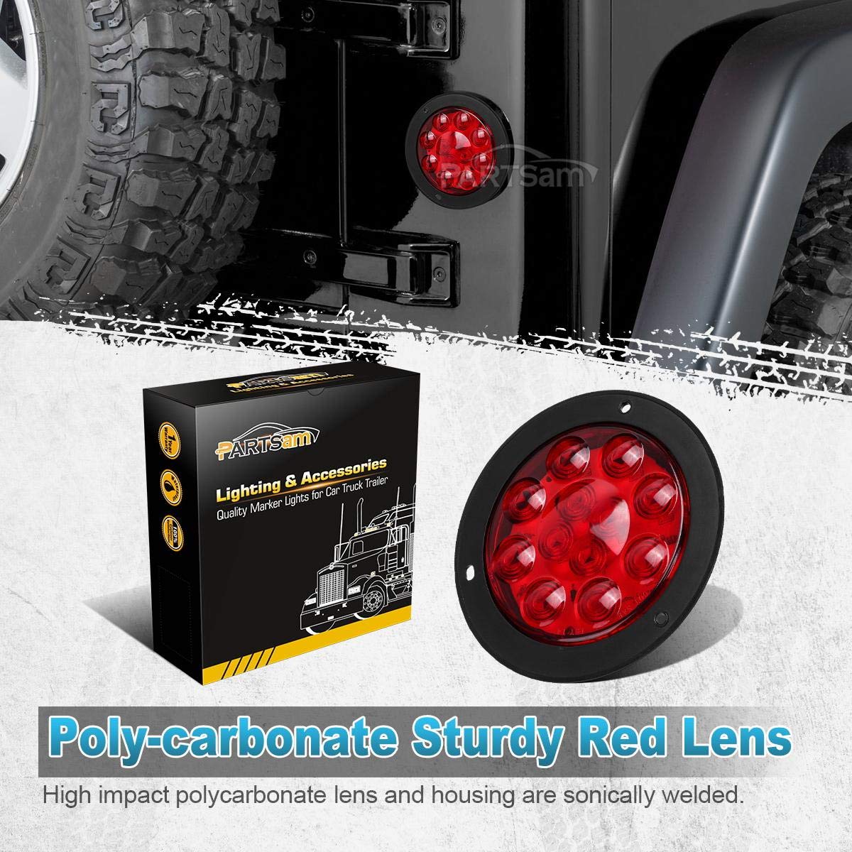 Partsam 2Pcs 4'' Red Stop Turn Tail Brake Truck Trailer Light Flange Mount 12 Diodes Utility