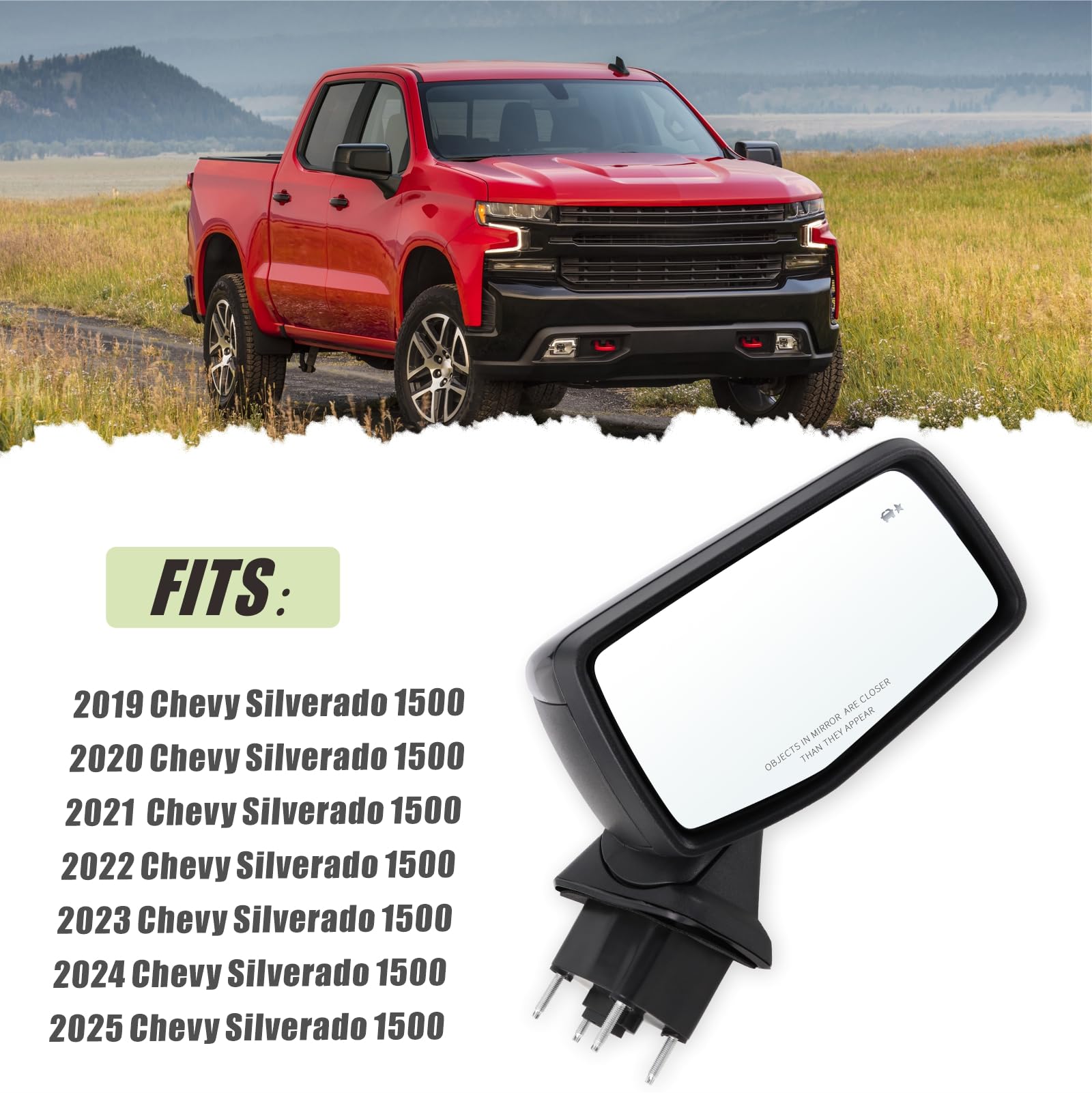 Lqito Right Passenger Side Mirror Compatible With 2019-2025 Chevy Silverado 1500 With Power Folding Heated Turn Signal Puddle Li