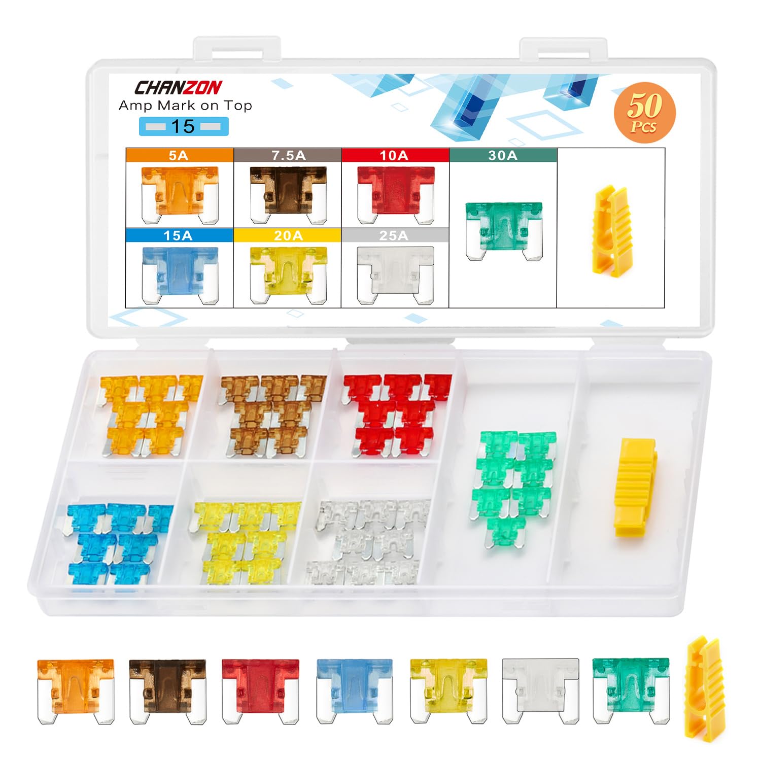 Chanzon Micro Low Profile Mini Blade Fuse Assortment Kit Box (5A 7.5A 10A 15A 20A 25A 30A) For Auto Car Truck Rv Automotive Moto