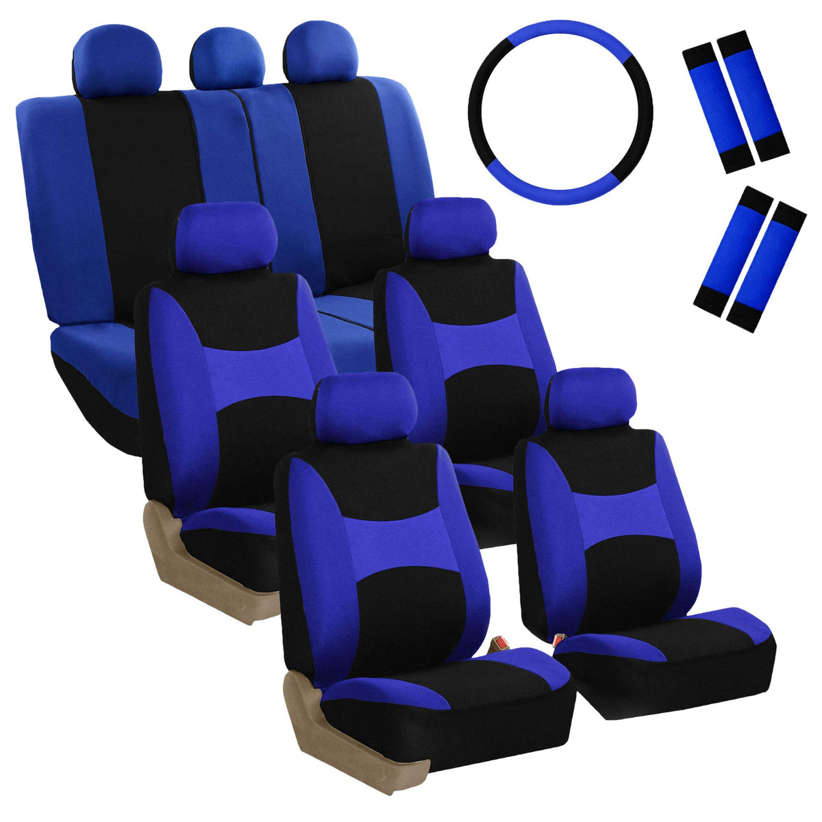 Fh Group Automotive Seat Covers Light & Breezy Flat Cloth  Three Row Set Blue Combo Steering Wheel Cover & Seat Belt Pads, Airba