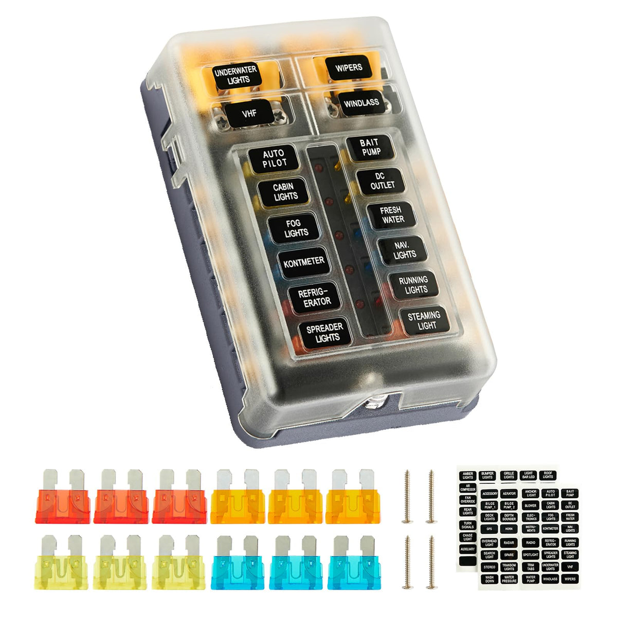 Soyond 12V Fuse Block, 12 Way Marine Fuse Block With Led Indicator Damp-Proof Cover 12 Circuits Fuse Box With Negative Bus Fuse Panel For Car Boat Rv Truck Dc 12/24V