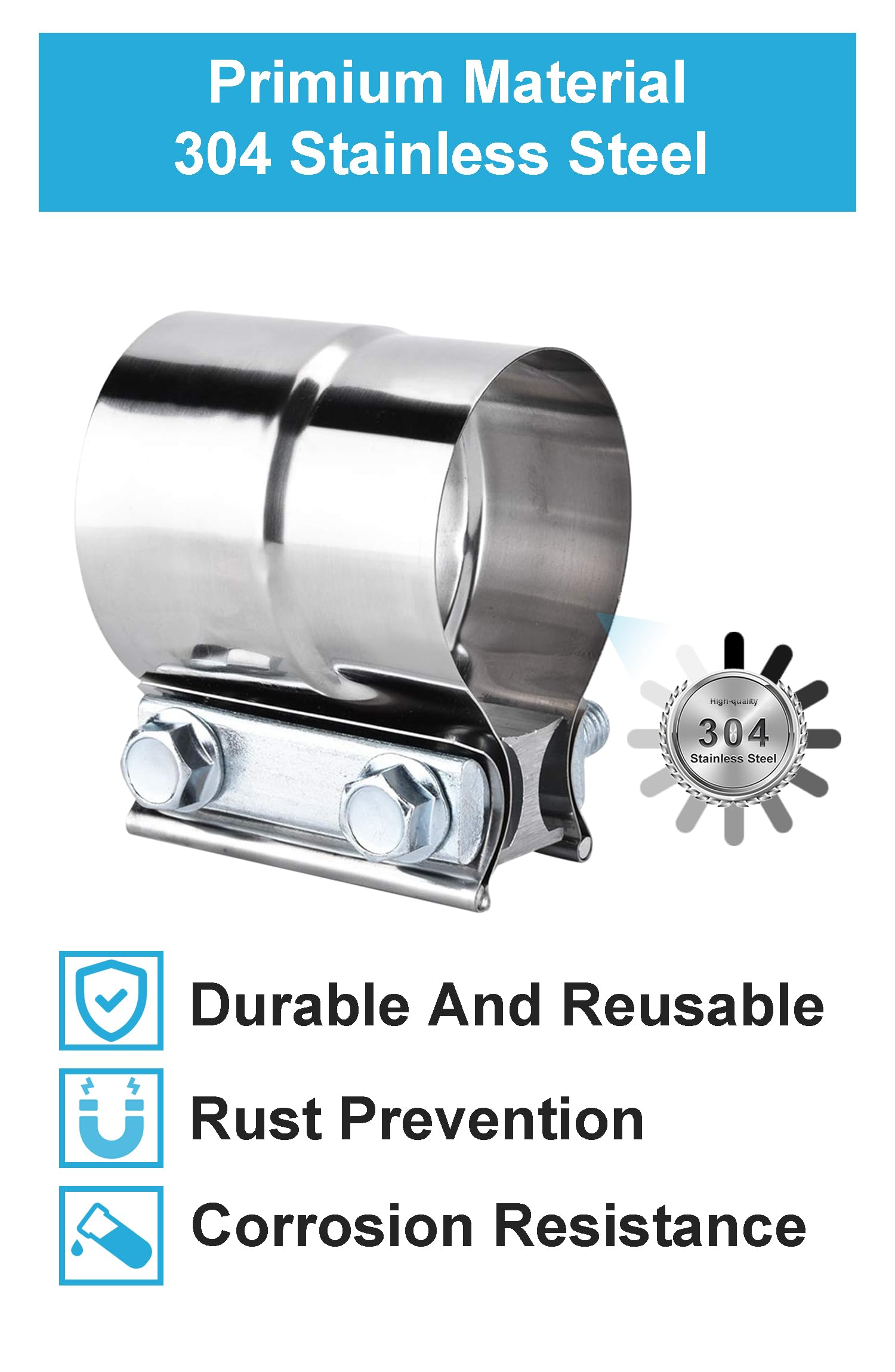 2.5 Inch Exhaust Clamps,Lap Joint Band Clamp 2 Packs,2 1/2 Exhaust Muffler Band Clamp,304 Stainless Steel Pipe Repair Clamp Deco