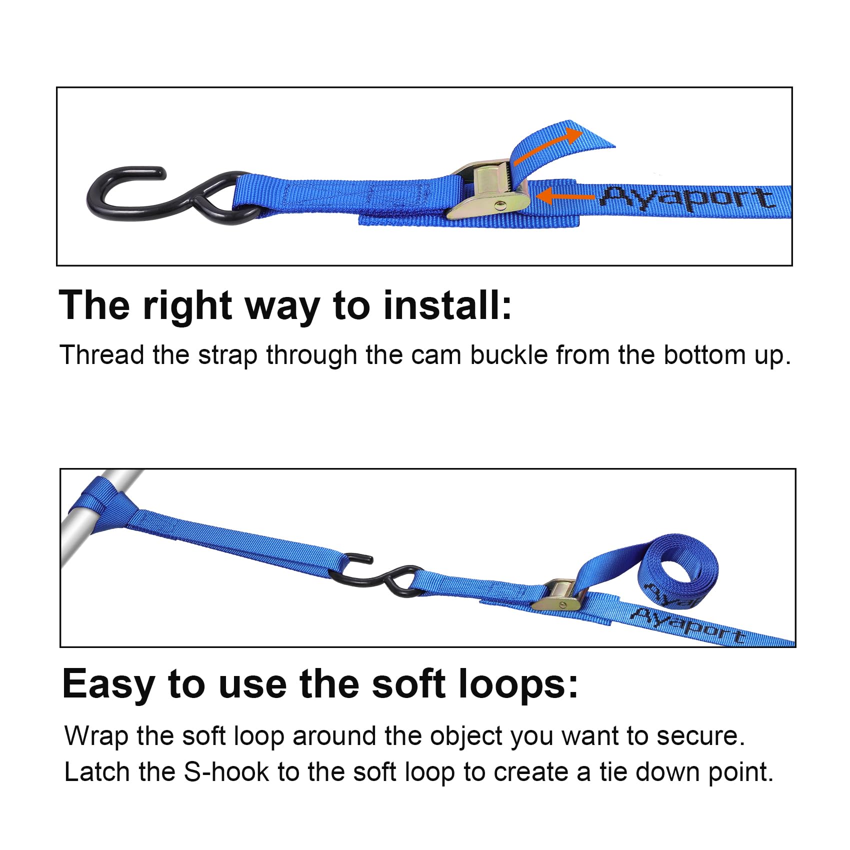 Ayaport Cam Buckle Tie Down Straps 6 Feet 2200Lbs Break Strength Blue Securing Straps With S Hooks For Motorcycle, Kayak, Car, T