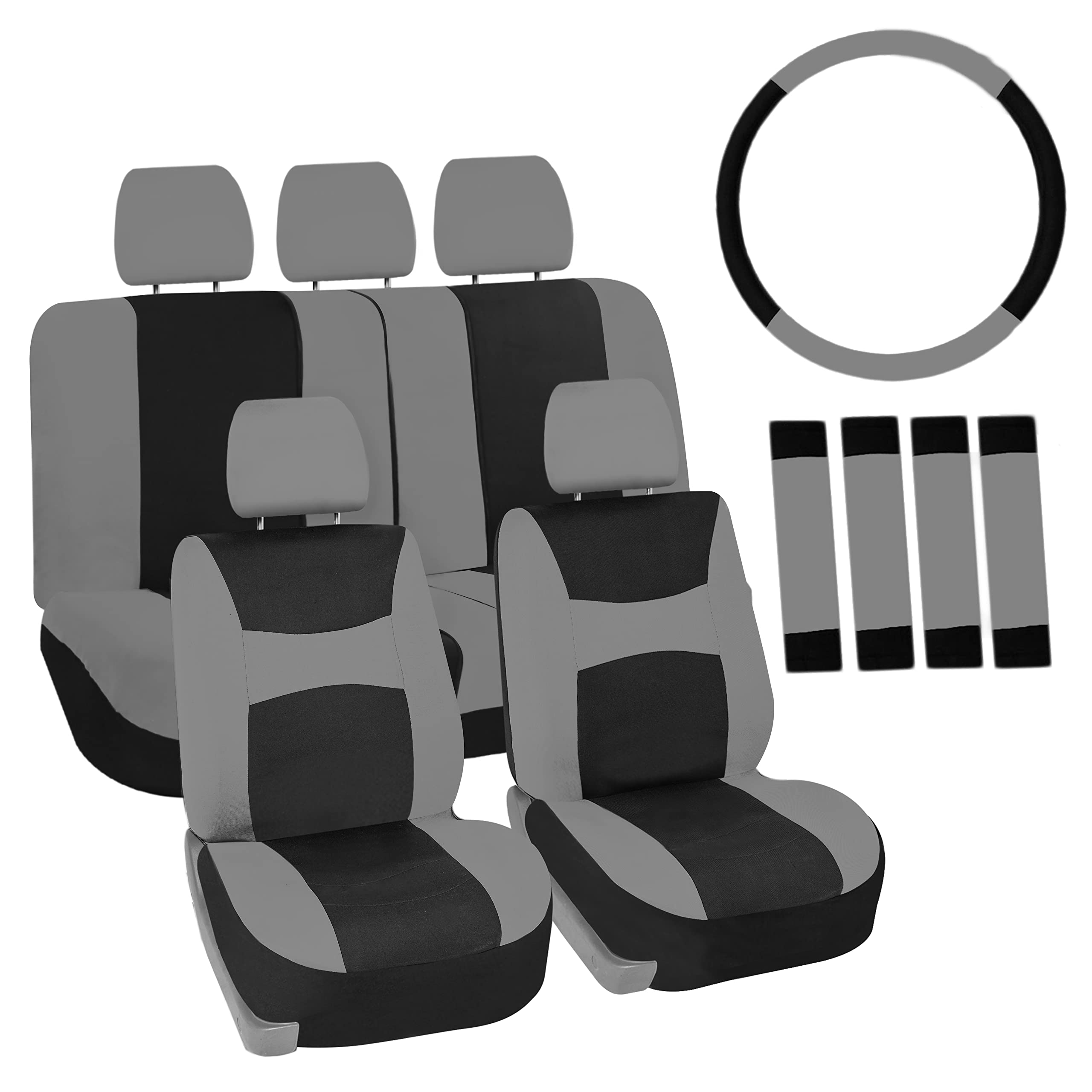 Fh Group Universal Fit Gray Black Automotive Seat Covers Combo Set With Steering Wheel Cover And Seat Belt Pad Fits Most Cars, S